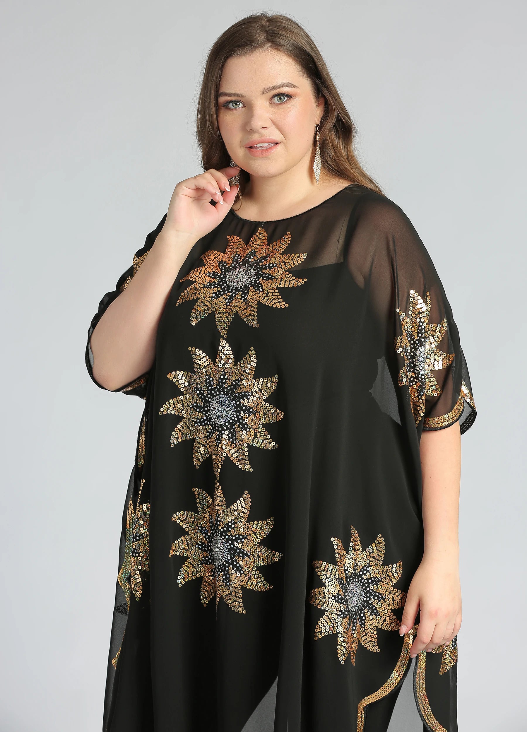 MECALA-Women's Round Neck Half Sleeve Floral Sequin Glitter Kaftan-Black