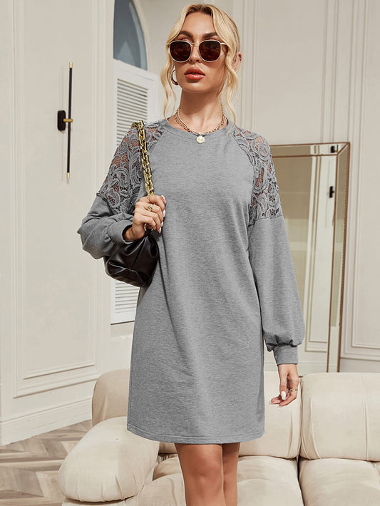 MECALA Women's Above-the-Knee Dress Hollowed Lace Drop Shoulder Long Sleeve Pullover Sweatshirt Dress-detail