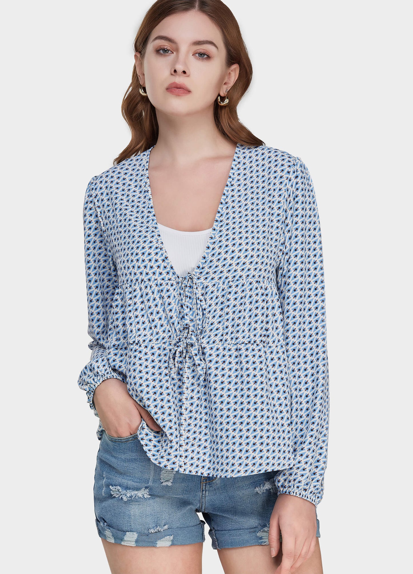 MECALA Women's Allover Print Lace Up Front Long Sleeve Top-Blue