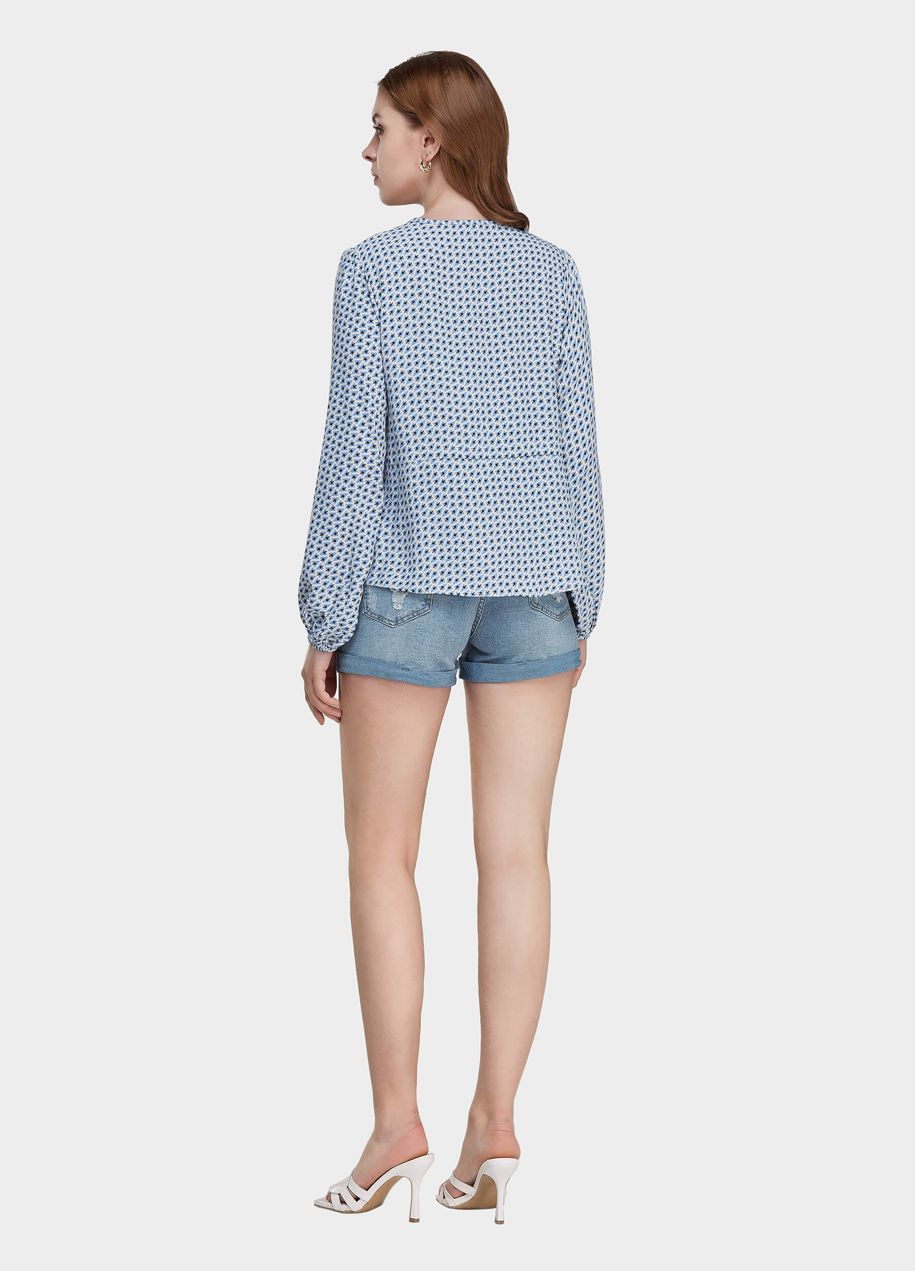 MECALA Women's Allover Print Lace Up Front Long Sleeve Top-Blue back view
