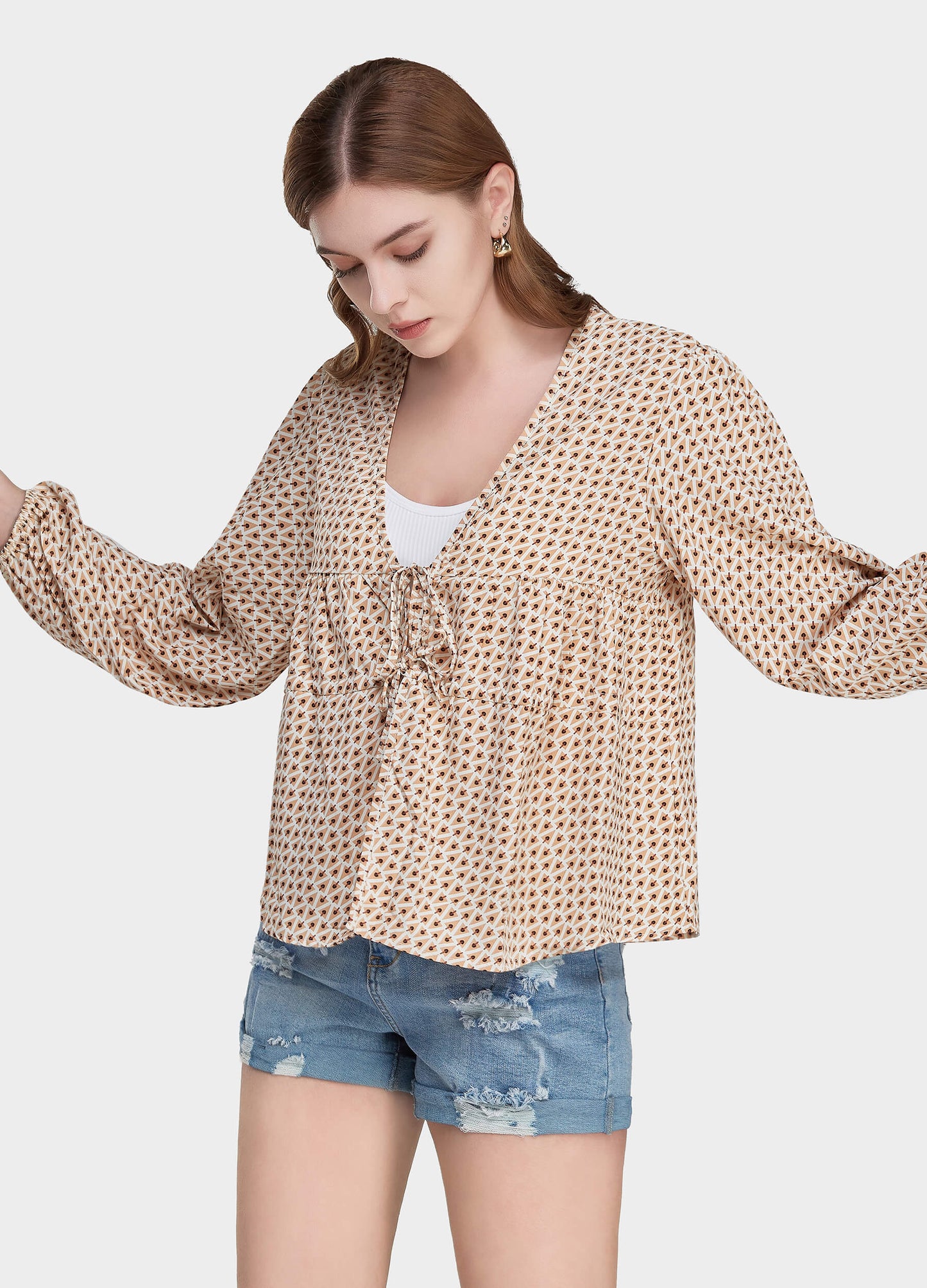 MECALA Women's Allover Print Lace Up Front Long Sleeve Top-Yellow