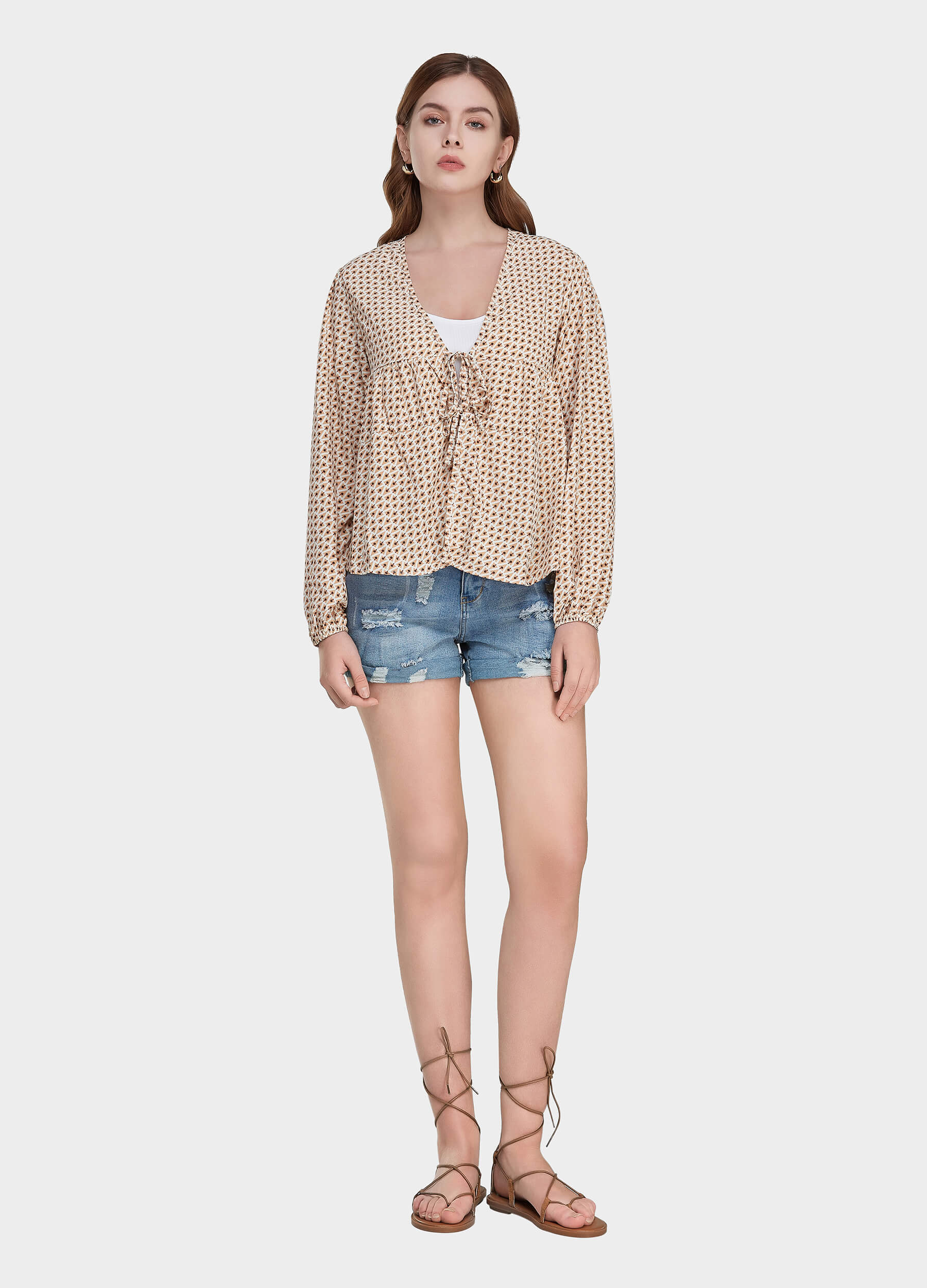 MECALA Women's Allover Print Lace Up Front Long Sleeve Top-Yellow main view