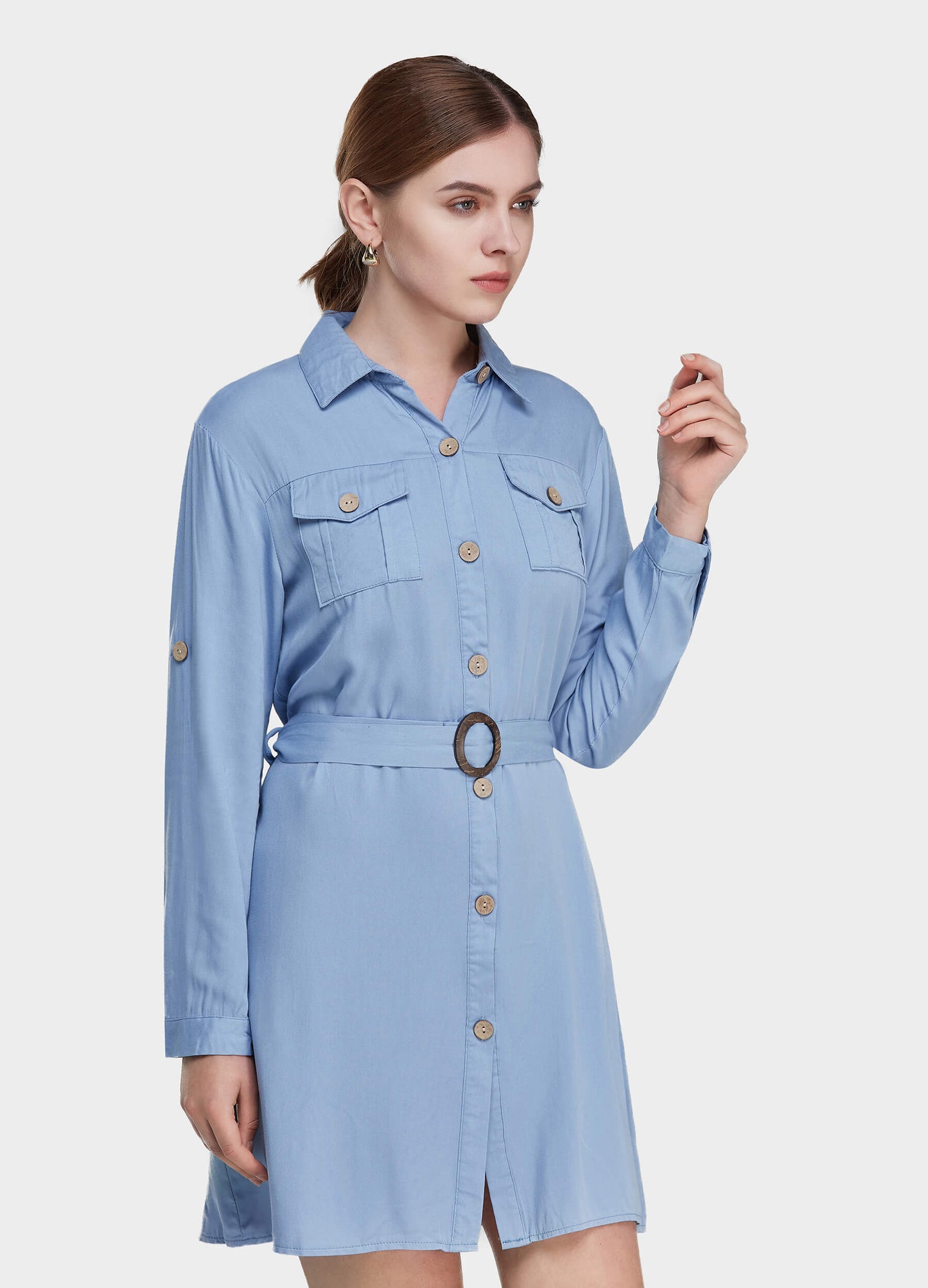 MECALA Women's Rolled Up Sleeve Button Front Midi Shirt Dress
