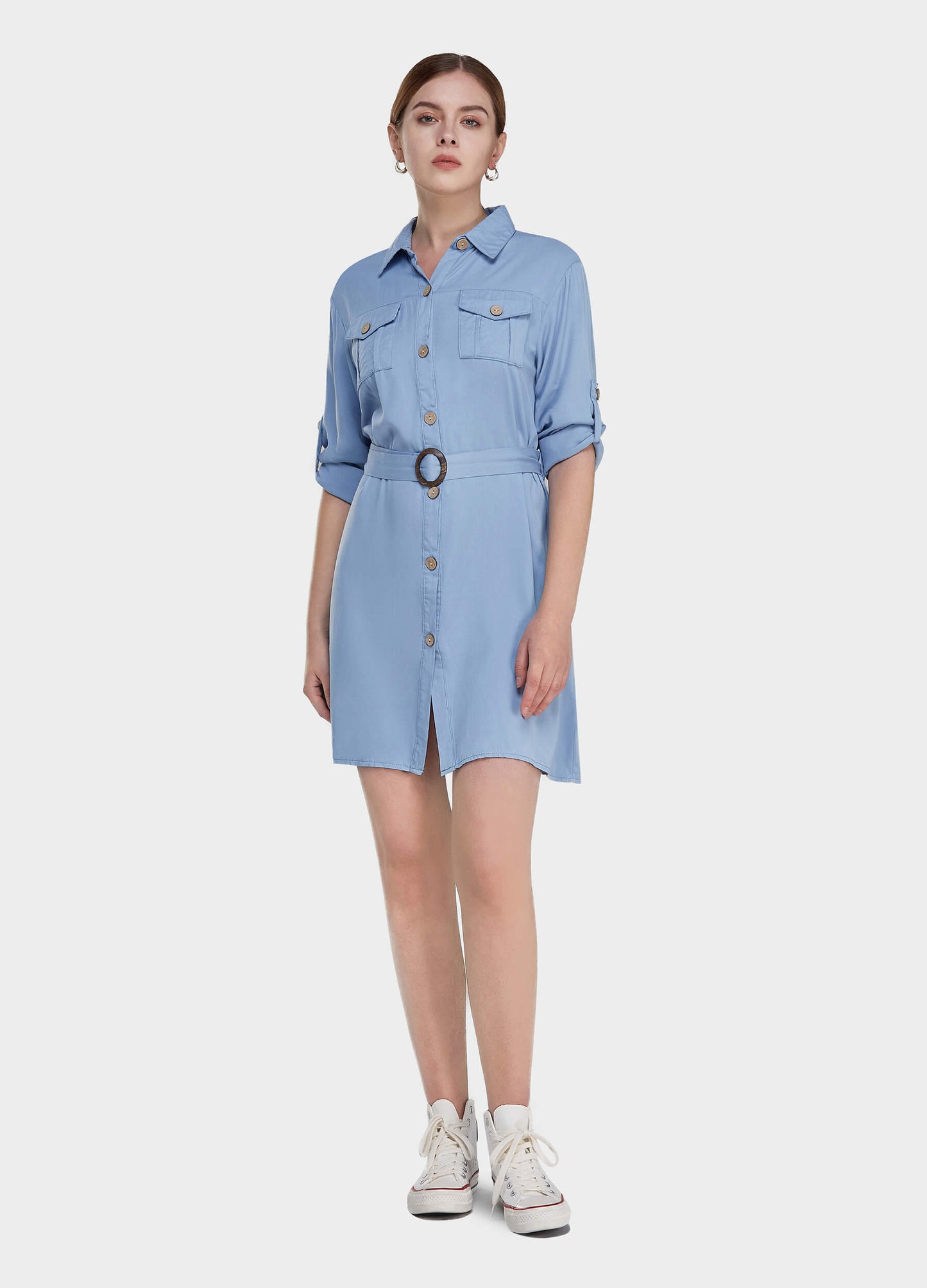 MECALA Women's Rolled Up Sleeve Button Front Midi Shirt Dress