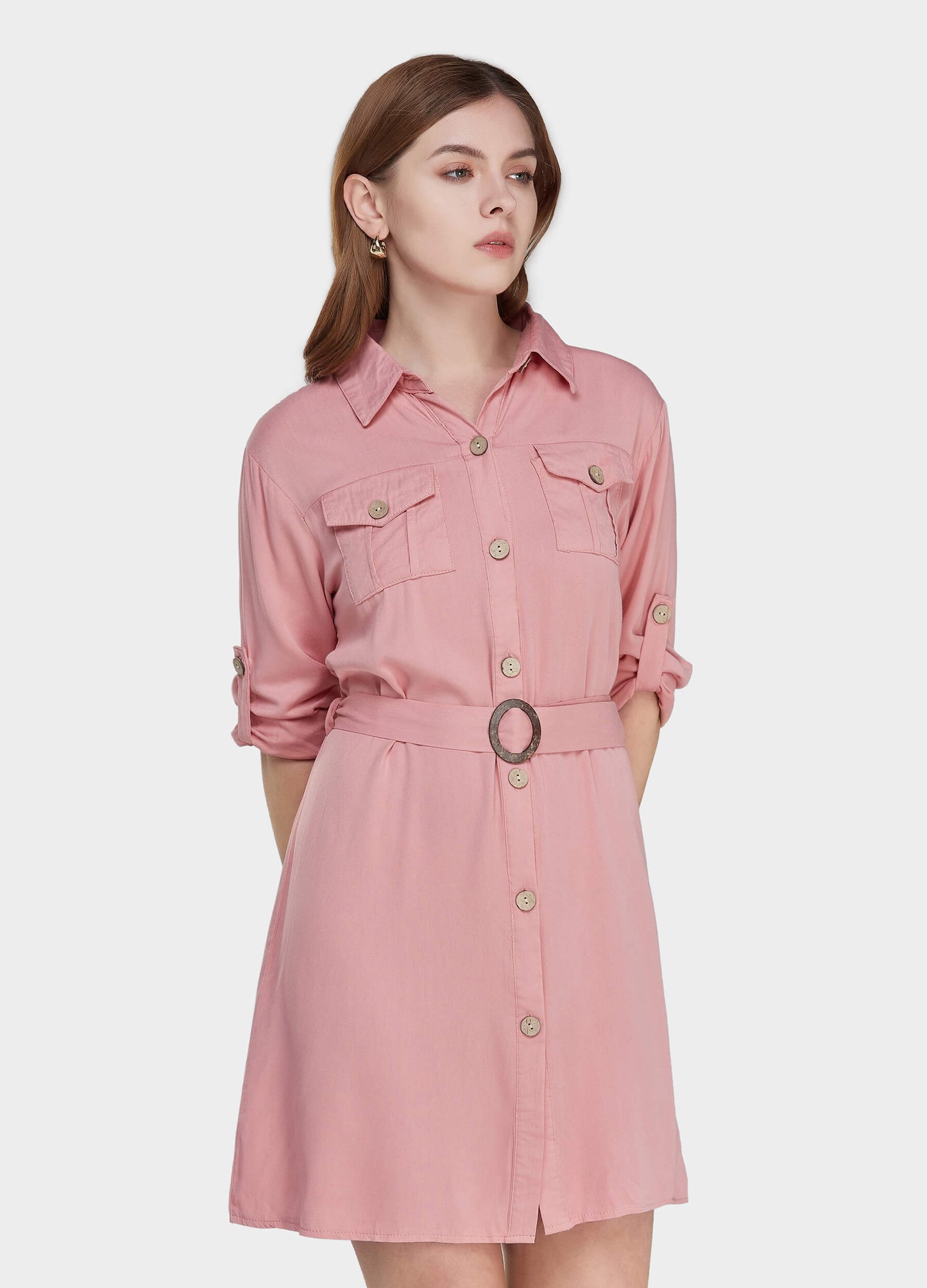 MECALA Women's Rolled Up Sleeve Button Front Midi Shirt Dress