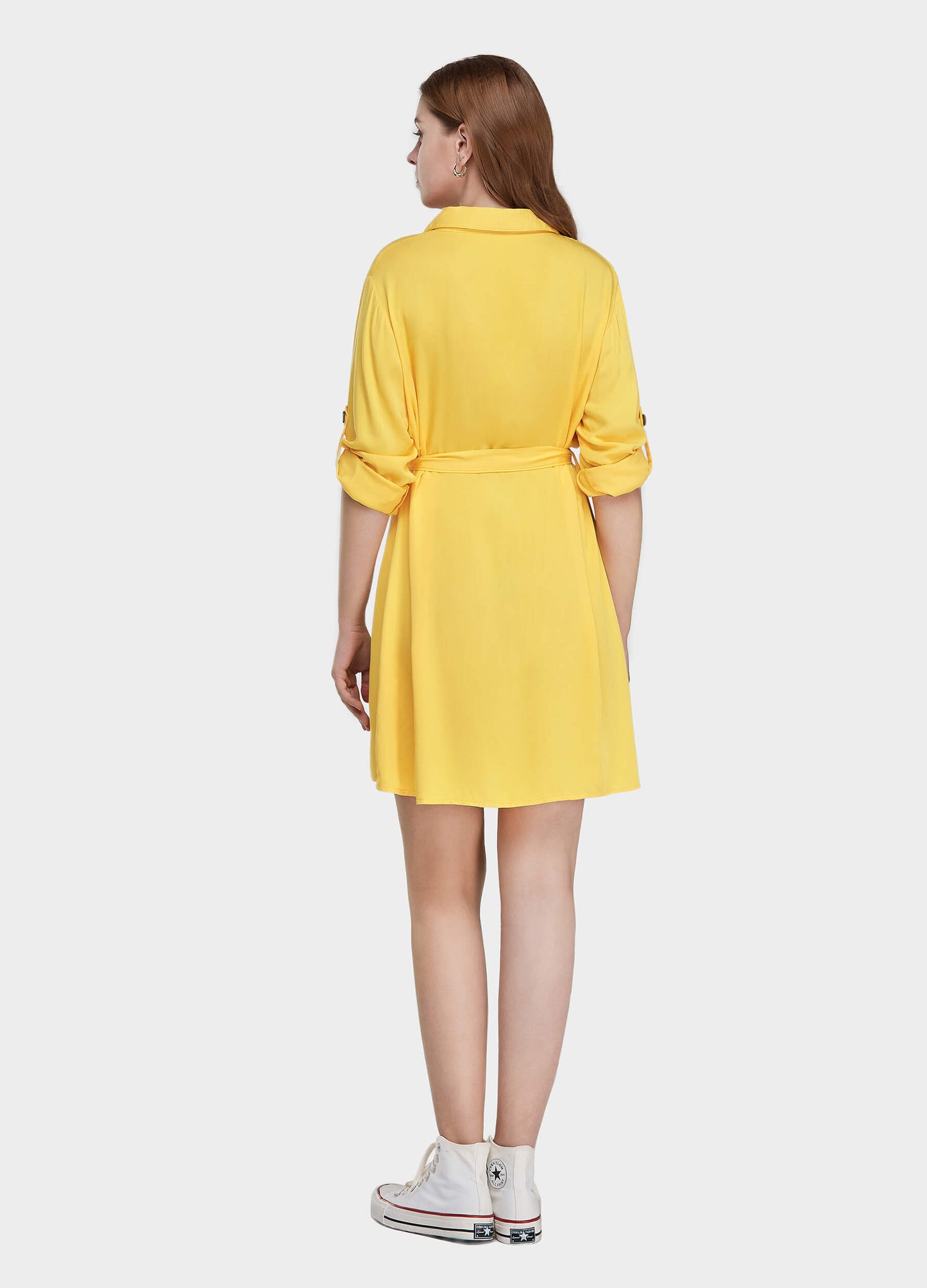 MECALA Women's Rolled Up Sleeve Button Front Midi Shirt Dress