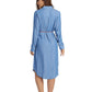 MECALA Women's Button Front Long Sleeve Belted Solid Dress-Light Blue