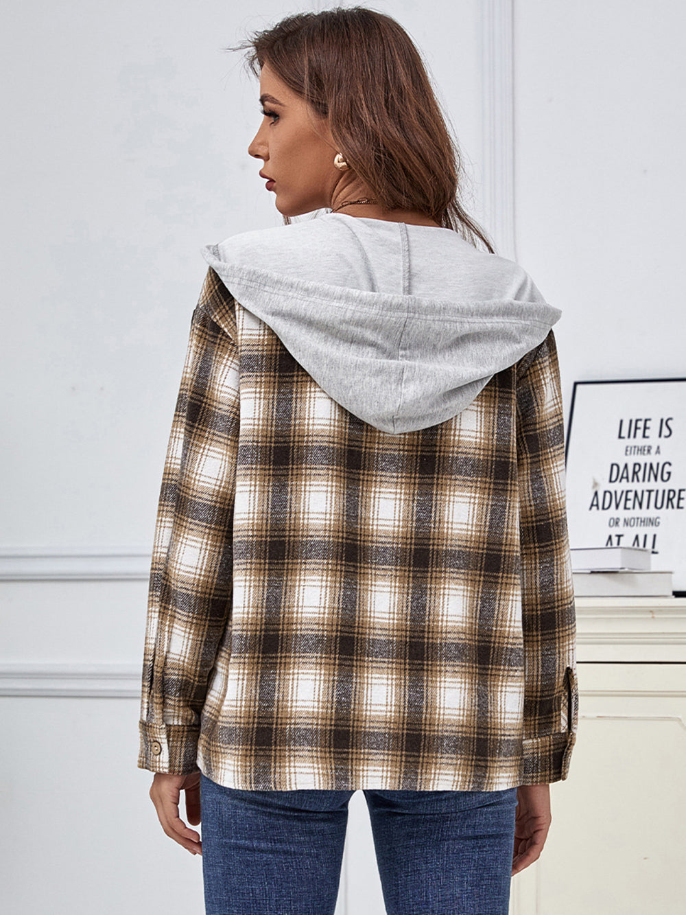 MECALA Women's Casual Long Sleeve Plaid Print Hooded Overshirts With Drawstring-back view