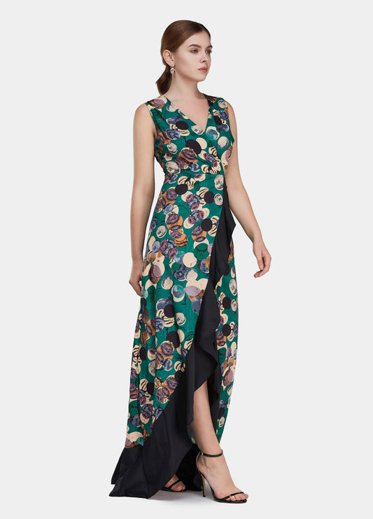MECALA Women's Deep V-Neck Front Slit Maxi Dress-Green side view