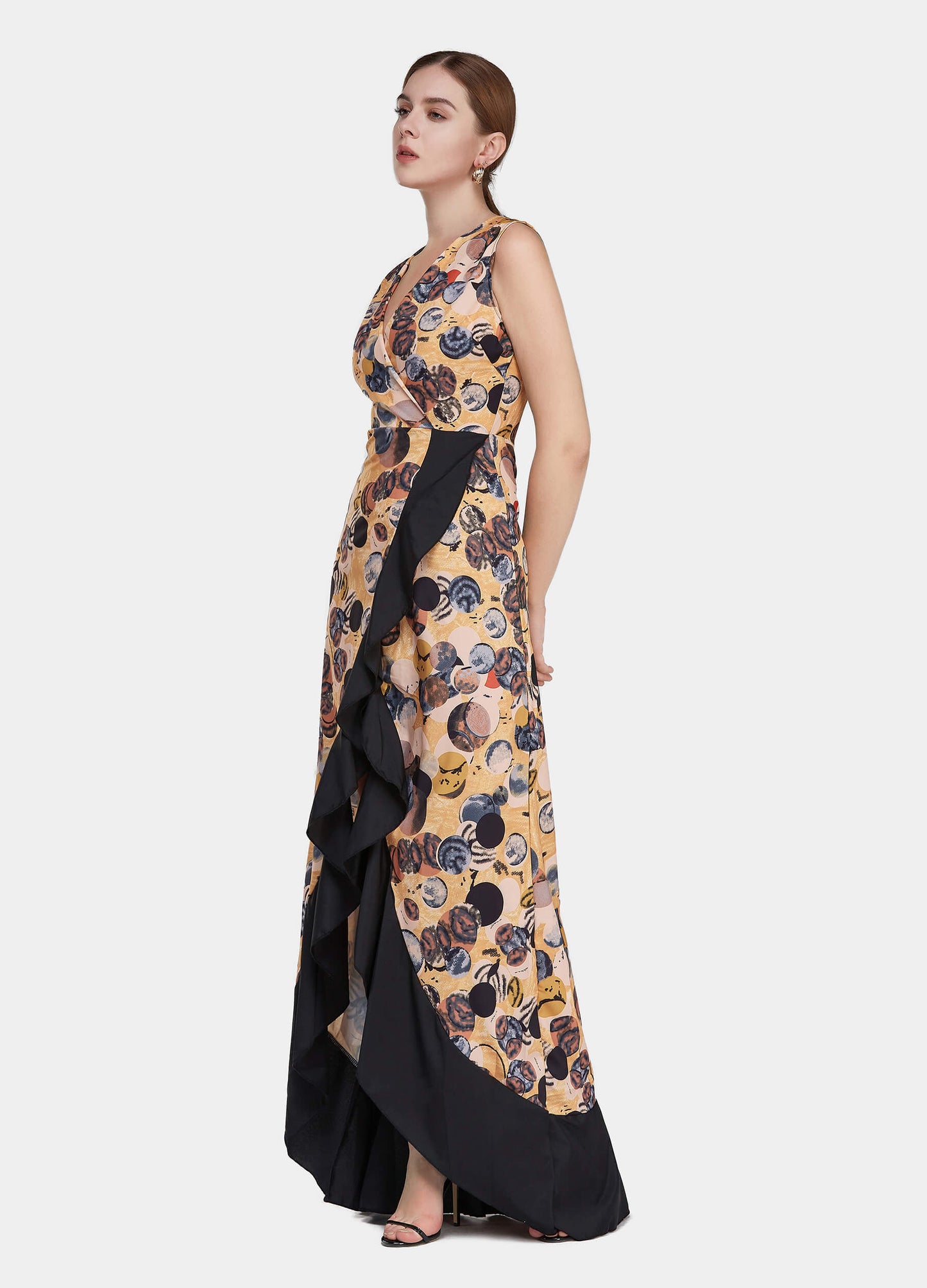 MECALA Women's Deep V-Neck Front Slit Maxi Dress-Yellow side view