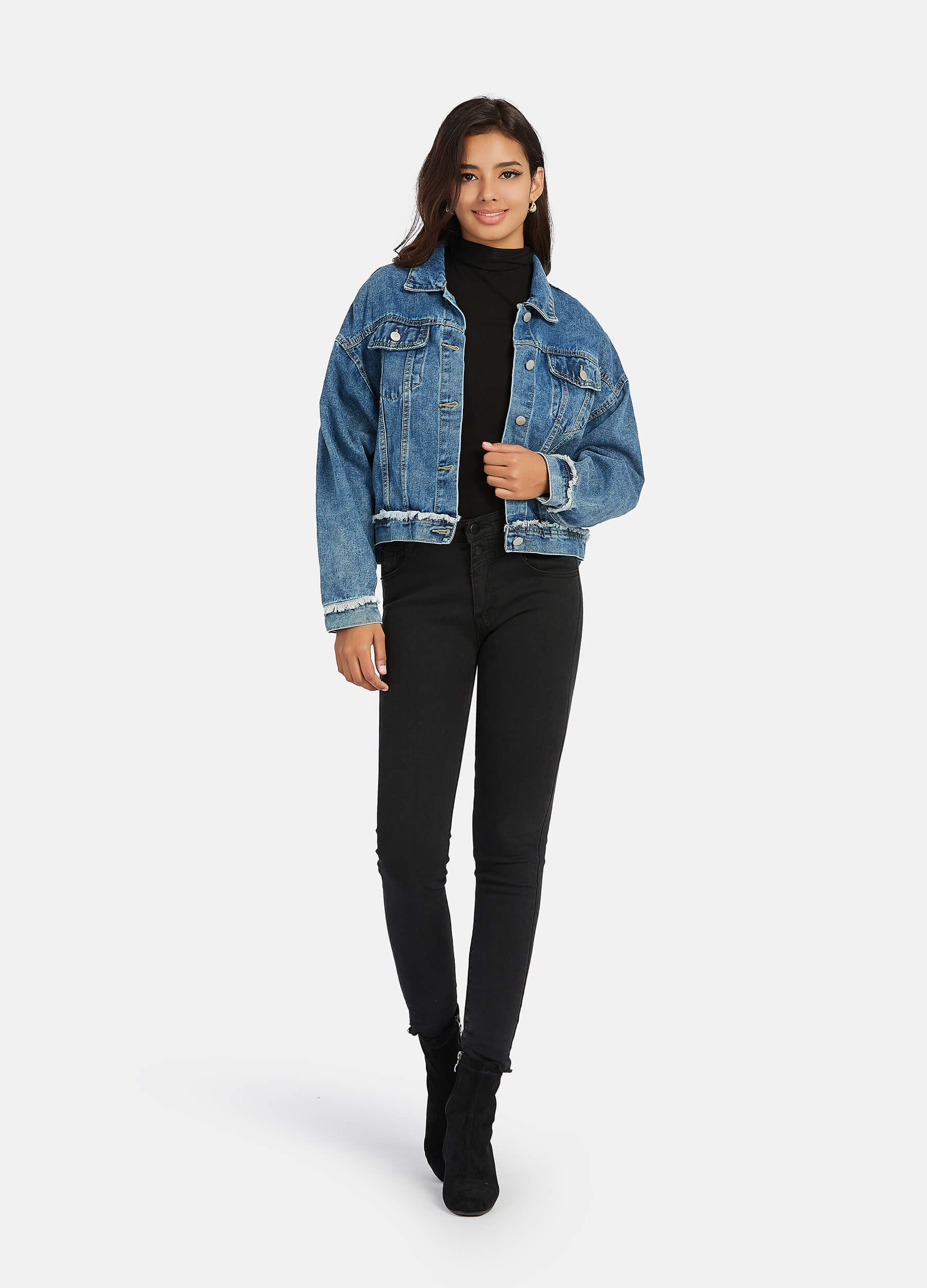black jeans with blue denim jacket