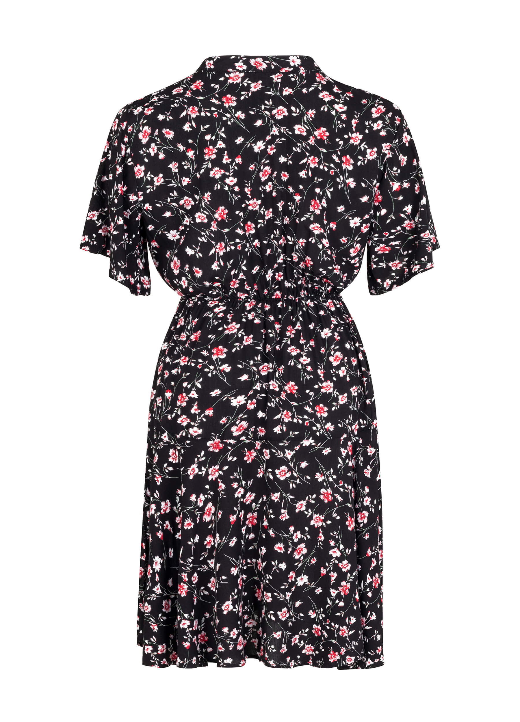 MECALA Women's Ditsy Floral Print Short Sleeve Drawstring Waist Pleated Dress-Black