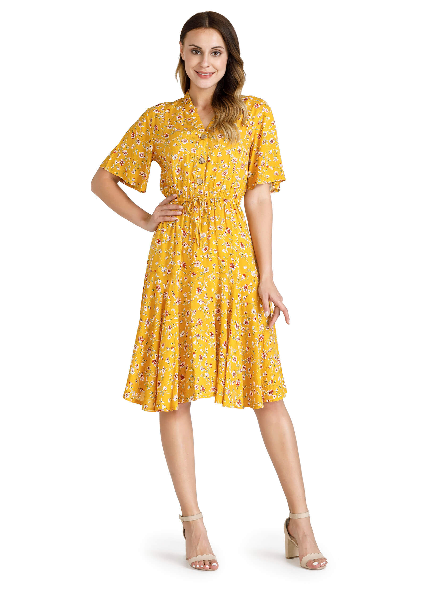 MECALA Women's Ditsy Floral Print Short Sleeve Drawstring Waist Pleated Dress-Yellow