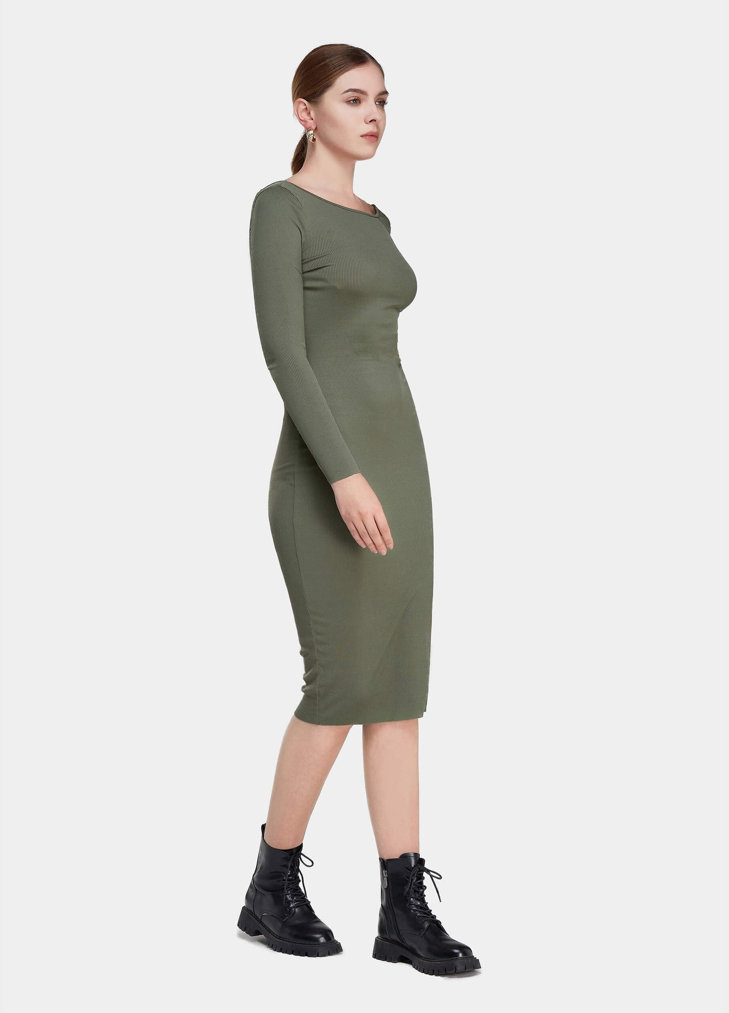 Women's Open Back Bodycon Midi Army Green Dress