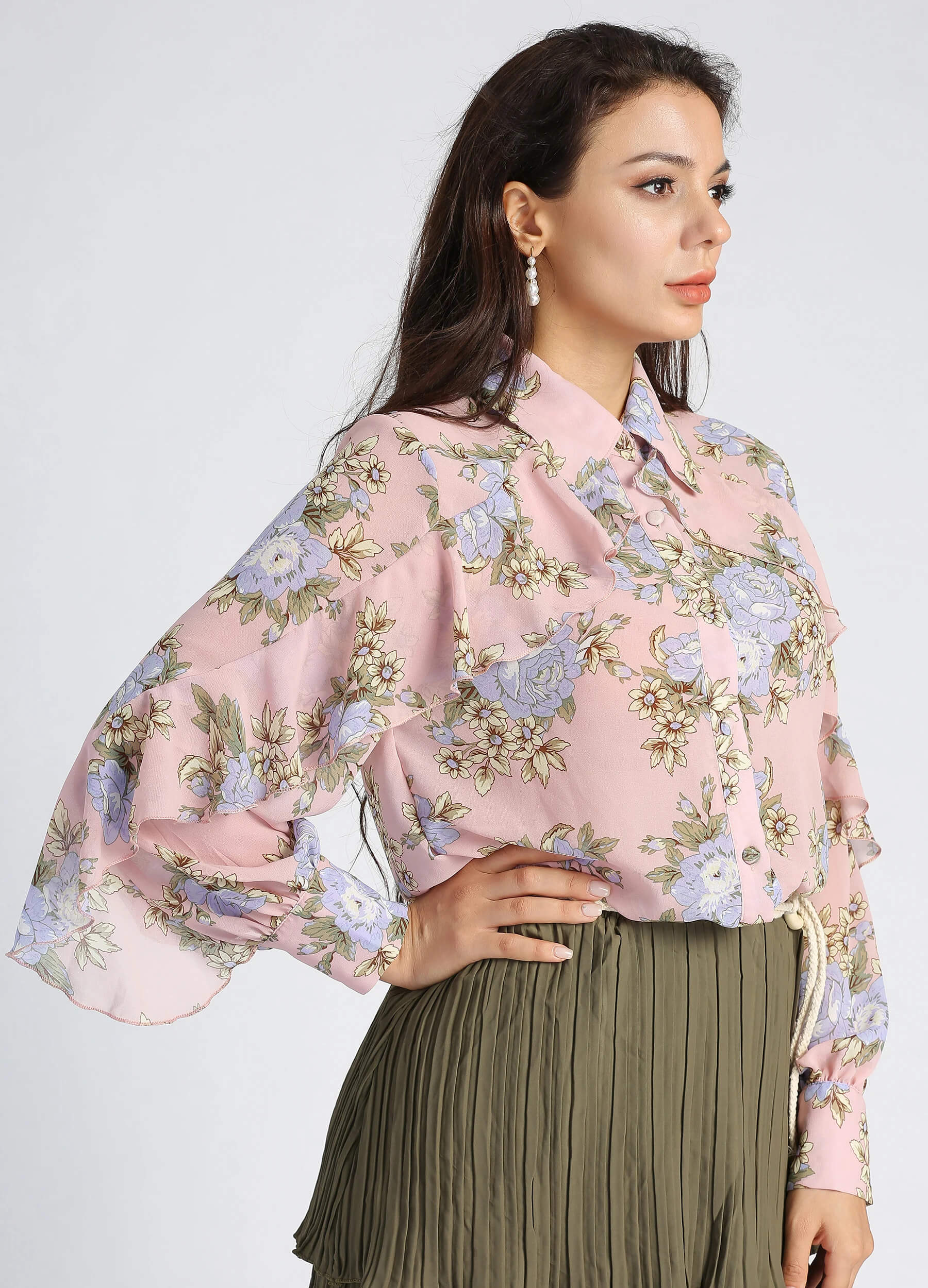 MECALA Women's Floral Print Long Sleeve Collar Button Front Ruffled Trim Blouse-Pink