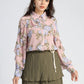 MECALA Women's Floral Print Long Sleeve Collar Button Front Ruffled Trim Blouse-Pink detail