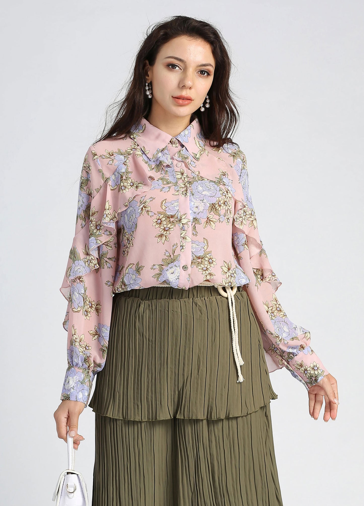 MECALA Women's Floral Print Long Sleeve Collar Button Front Ruffled Trim Blouse-Pink detail