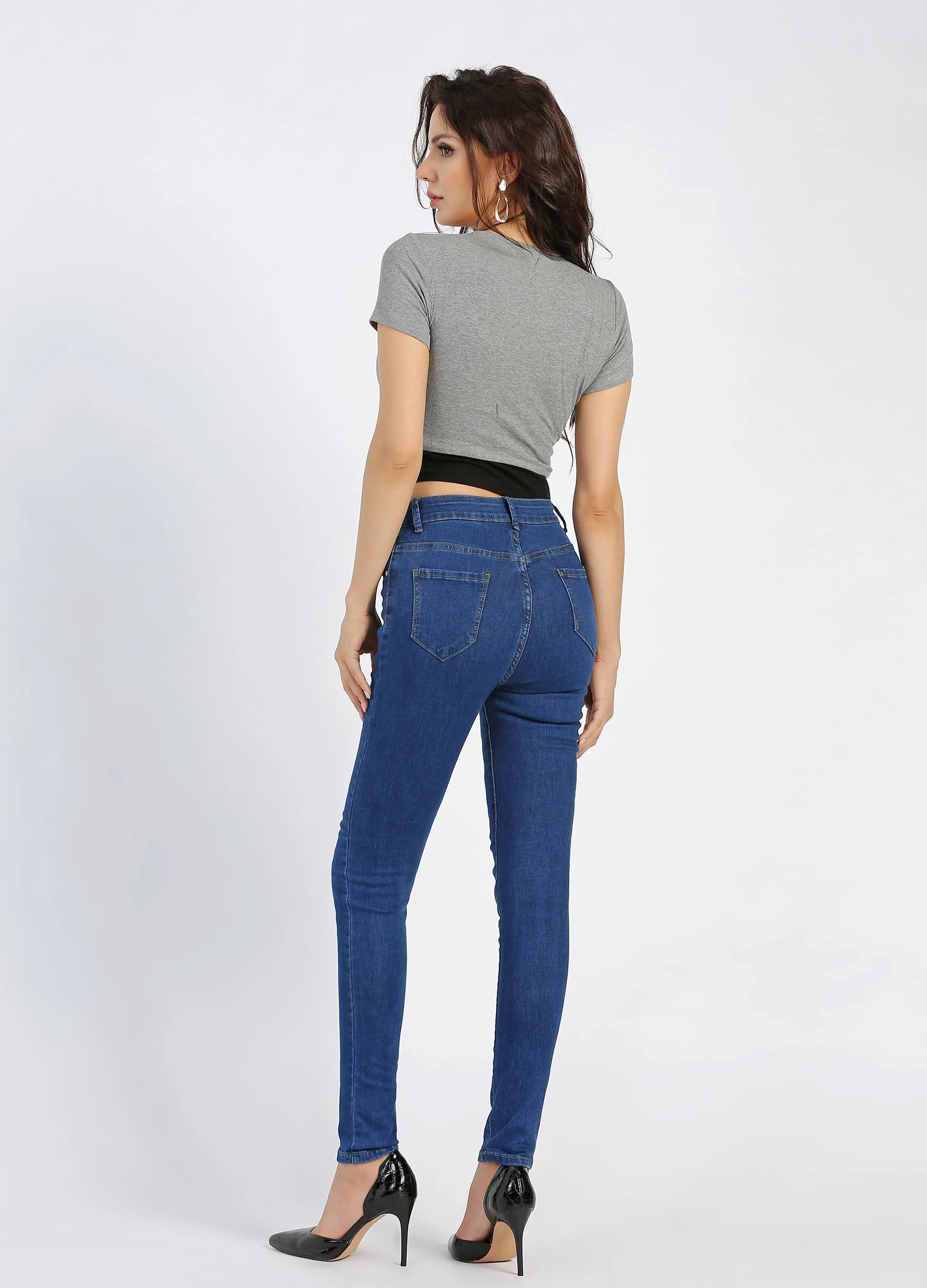 MECALA Women's High Waist Zip Closure Skinny Jeans-Dark Blue back view