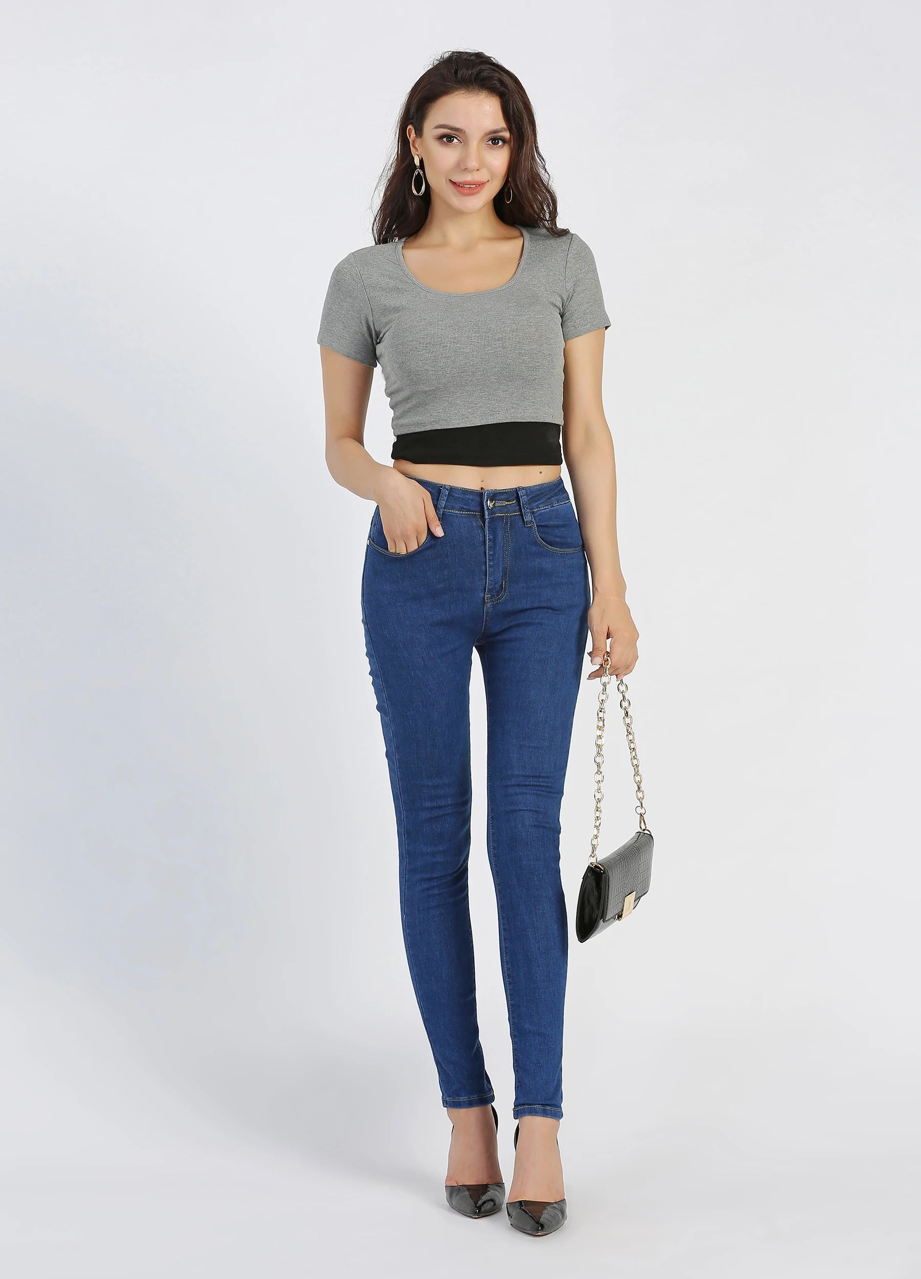 MECALA Women's High Waist Zip Closure Skinny Jeans-Dark Blue main view