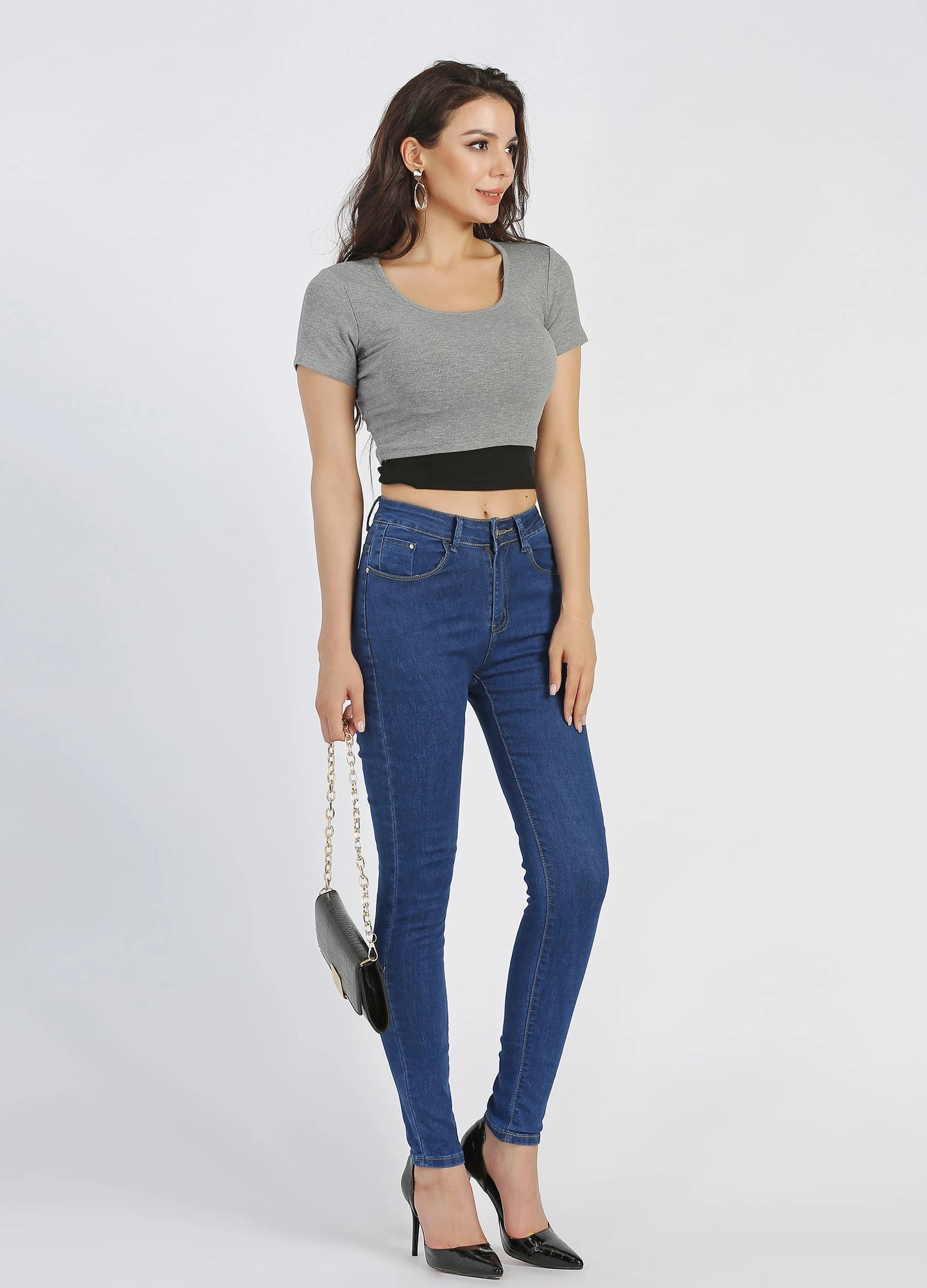 MECALA Women's High Waist Zip Closure Skinny Jeans-Dark Blue side view