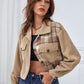 MECALA Women's Cropped Twill Jacket, Flap Pockets Light Brown Trucker Jacket