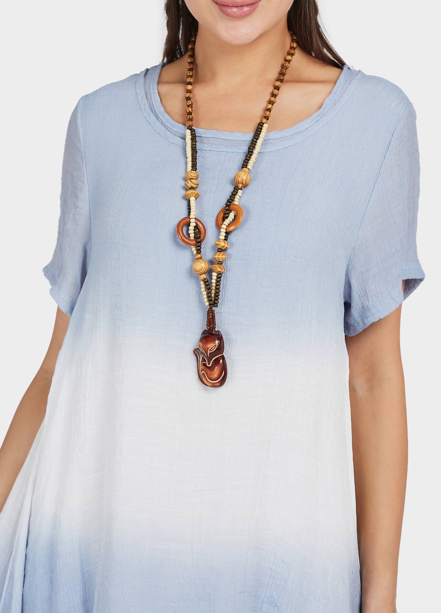 MECALA Women's Linen Scoop Neck Asymmetrical Hem Dress with Wooden Fox Layered Beads Necklace-Blue