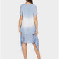 MECALA Women's Linen Scoop Neck Asymmetrical Hem Dress with Wooden Fox Layered Beads Necklace-Blue back view