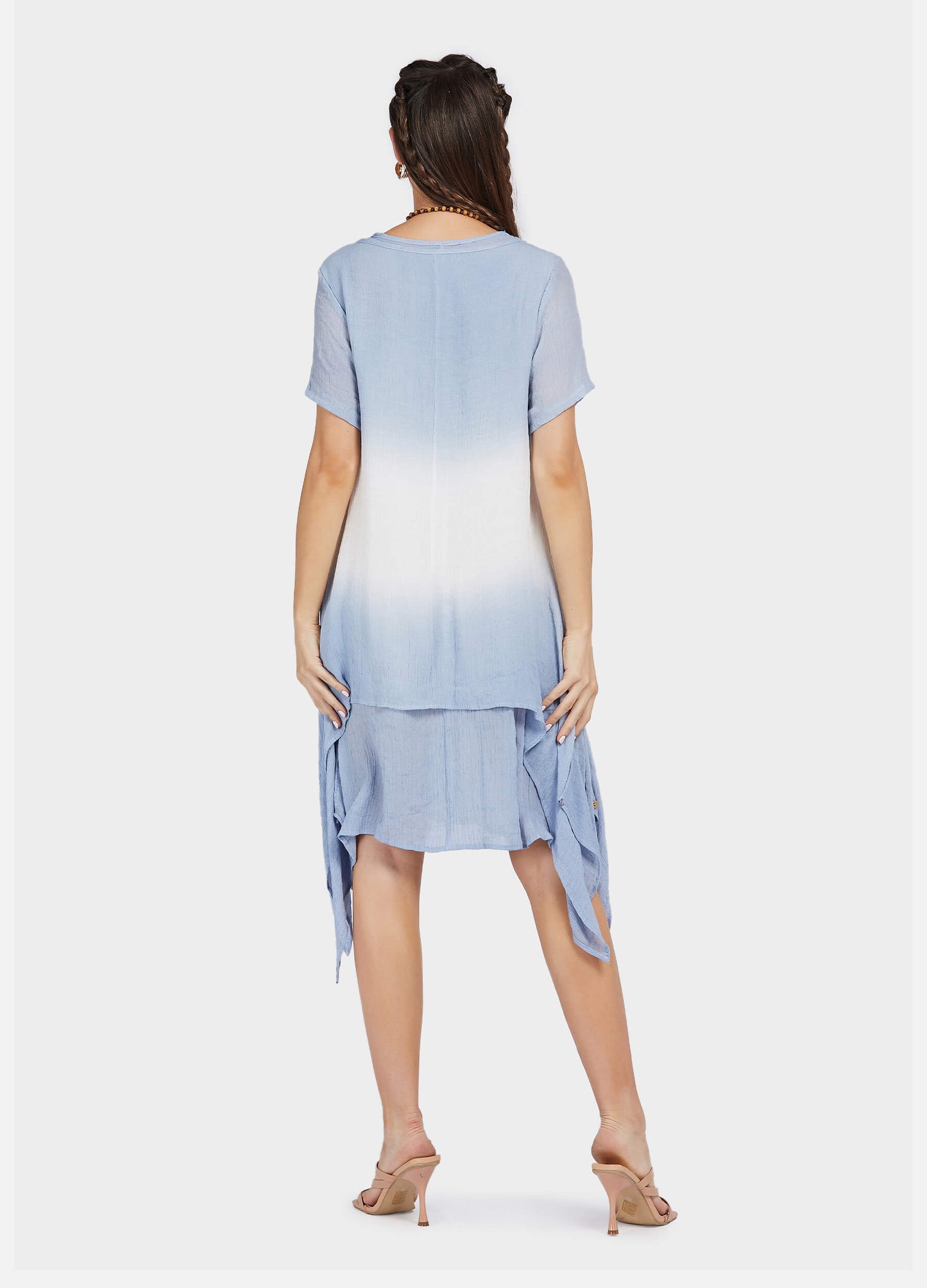 MECALA Women's Linen Scoop Neck Asymmetrical Hem Dress with Wooden Fox Layered Beads Necklace-Blue back view