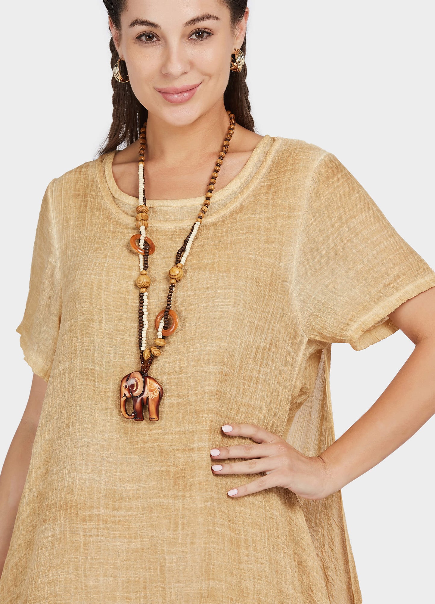 MECALA Women's Linen Scoop Neck Short Sleeve Dress with Wooden Elephant Necklace-Yellow