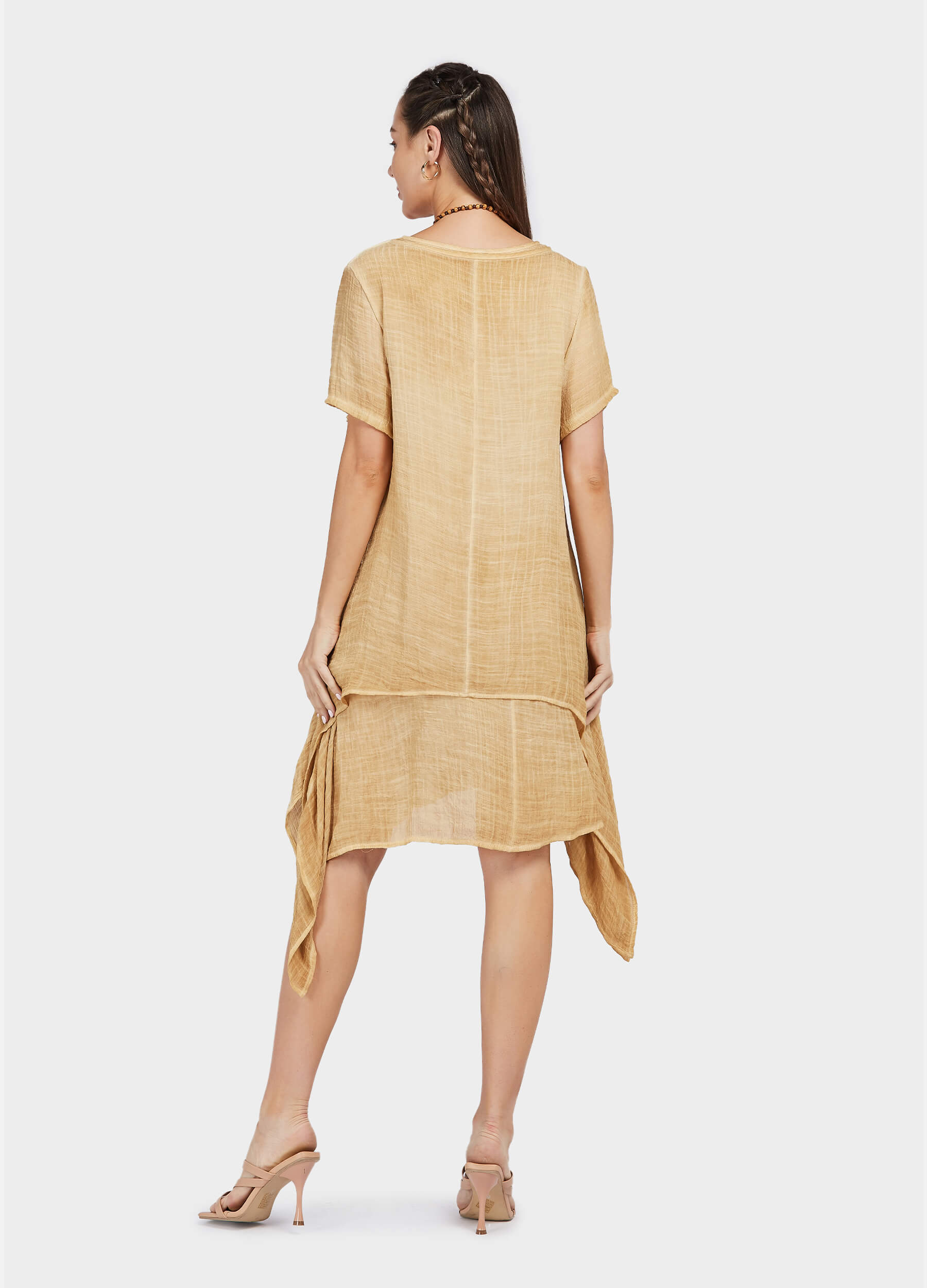MECALA Women's Linen Scoop Neck Short Sleeve Dress with Wooden Elephant Necklace-Yellow back view