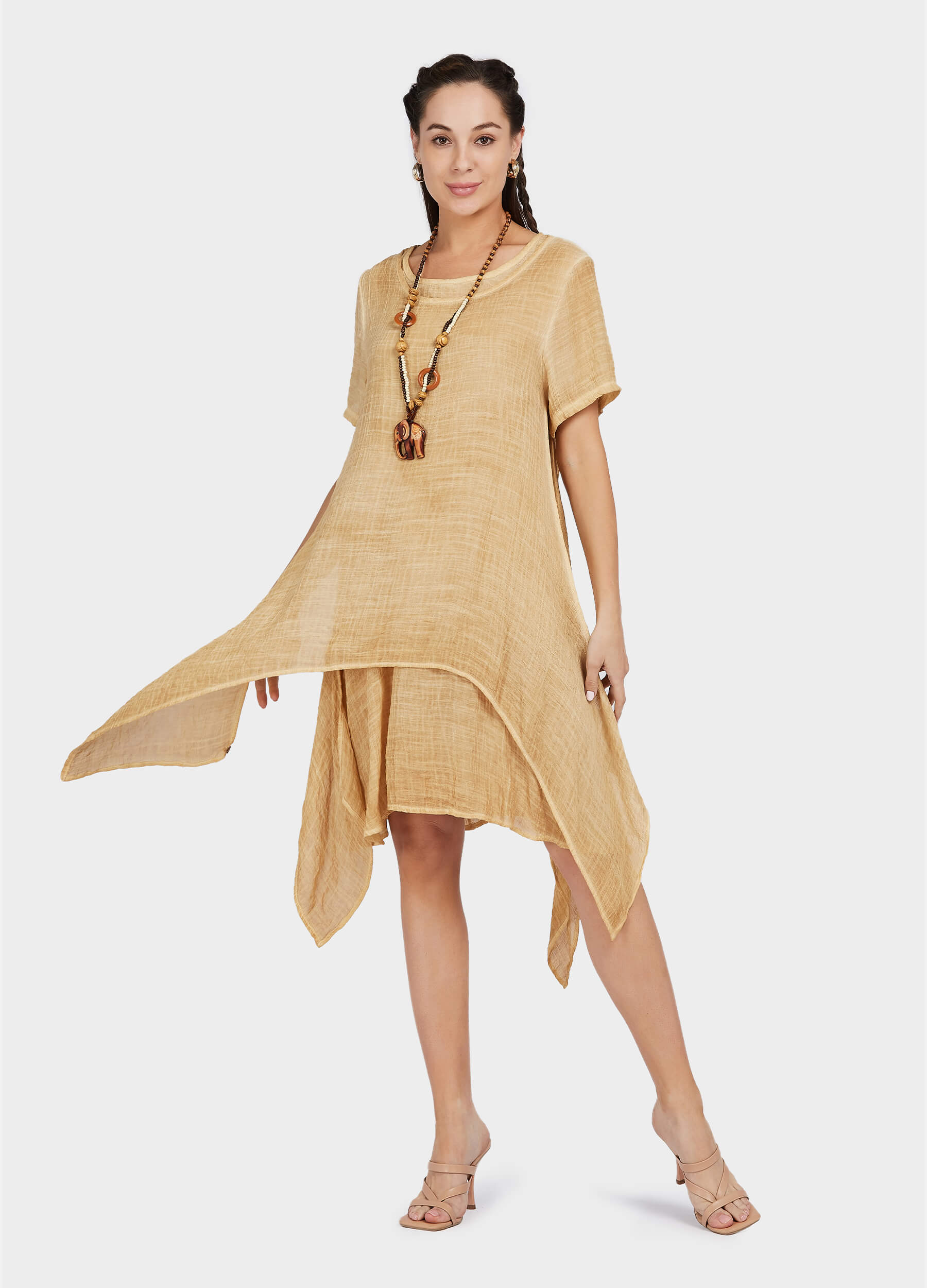 MECALA Women's Linen Scoop Neck Short Sleeve Dress with Wooden Elephant Necklace-Yellow main view