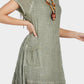 MECALA Women's Linen Scoop Neck Short Sleeve Dress with Wooden Four Leaves Clover Necklace-Green