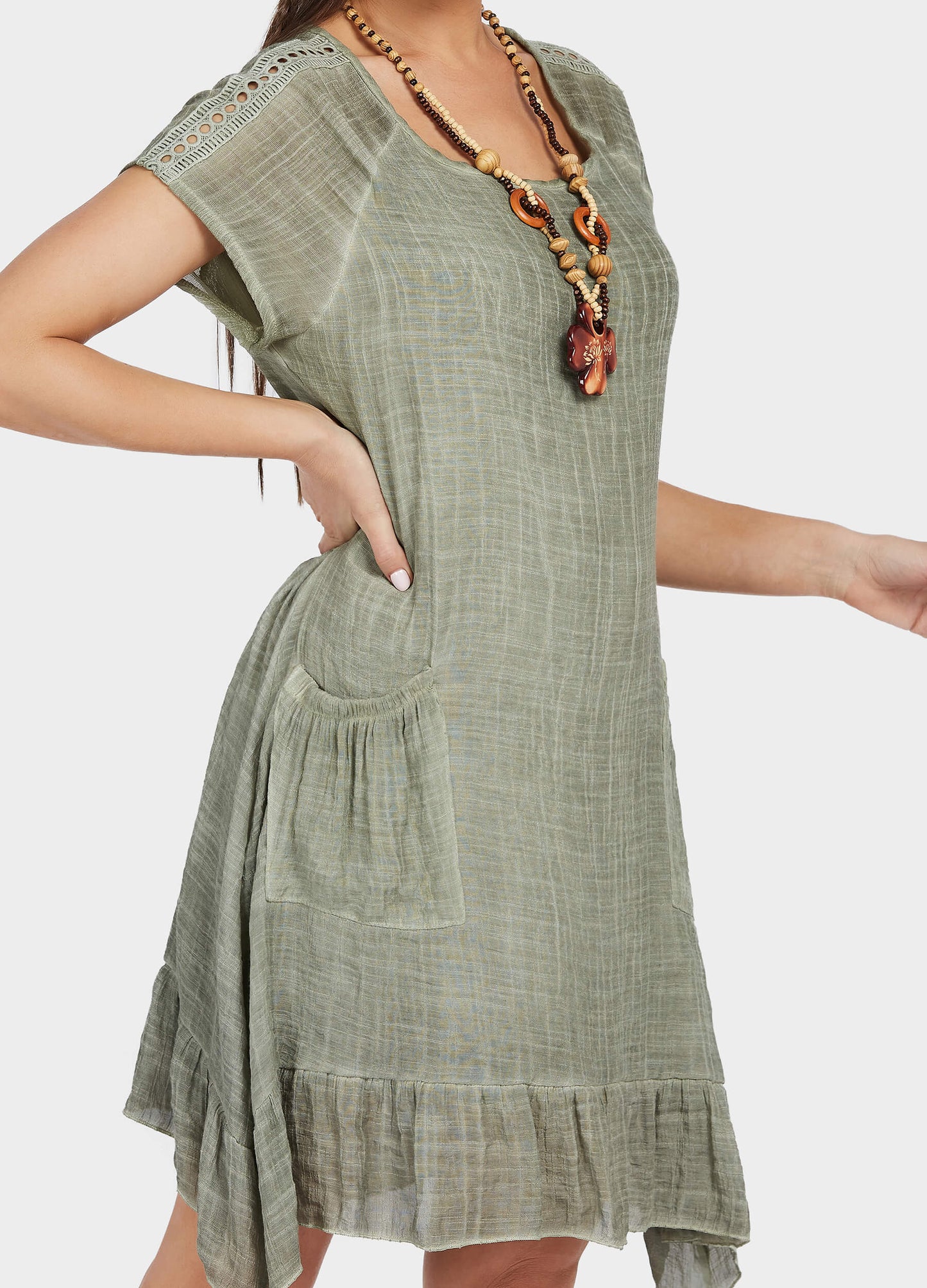 MECALA Women's Linen Scoop Neck Short Sleeve Dress with Wooden Four Leaves Clover Necklace-Green