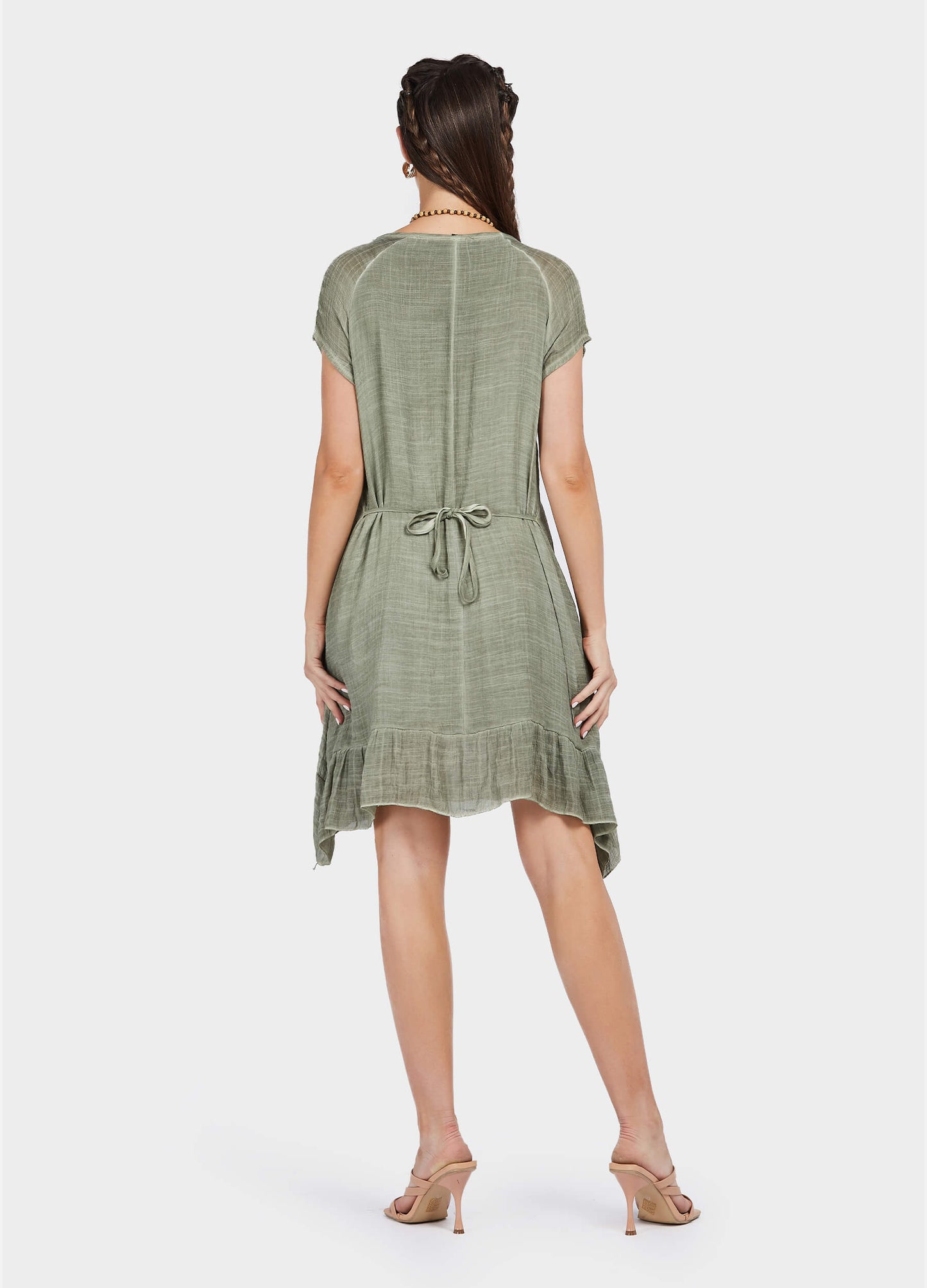 MECALA Women's Linen Scoop Neck Short Sleeve Dress with Wooden Four Leaves Clover Necklace-Green back view