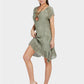 MECALA Women's Linen Scoop Neck Short Sleeve Dress with Wooden Four Leaves Clover Necklace-Green side view
