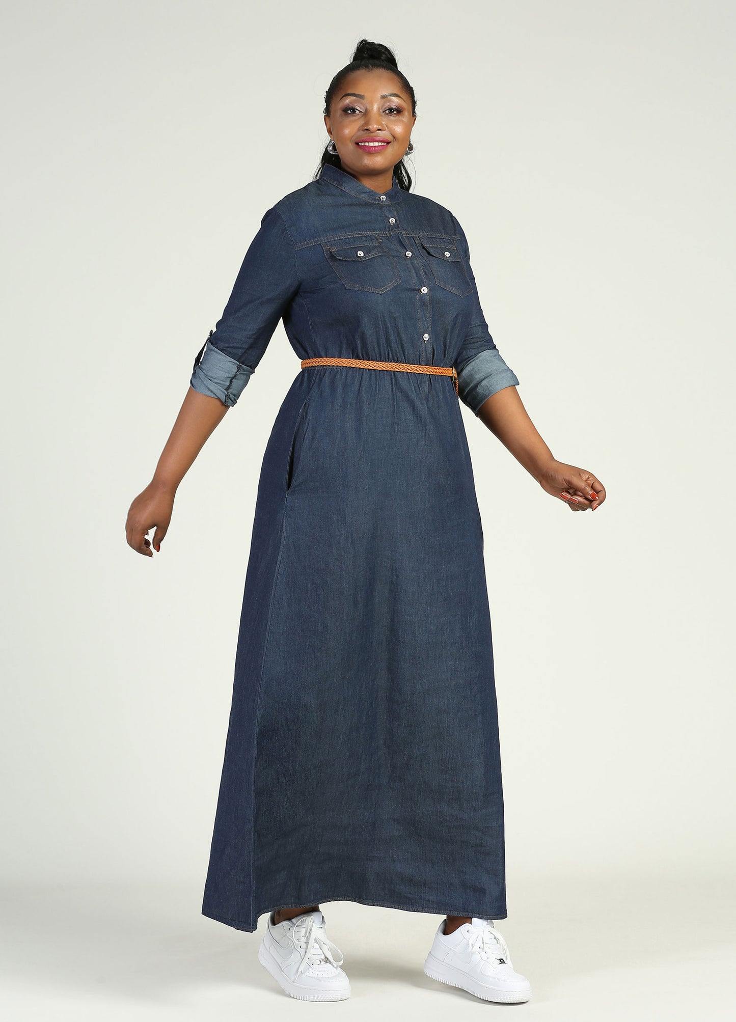 MECALA Women's Long Sleeve Denim Shirt Dress-Dark Blue