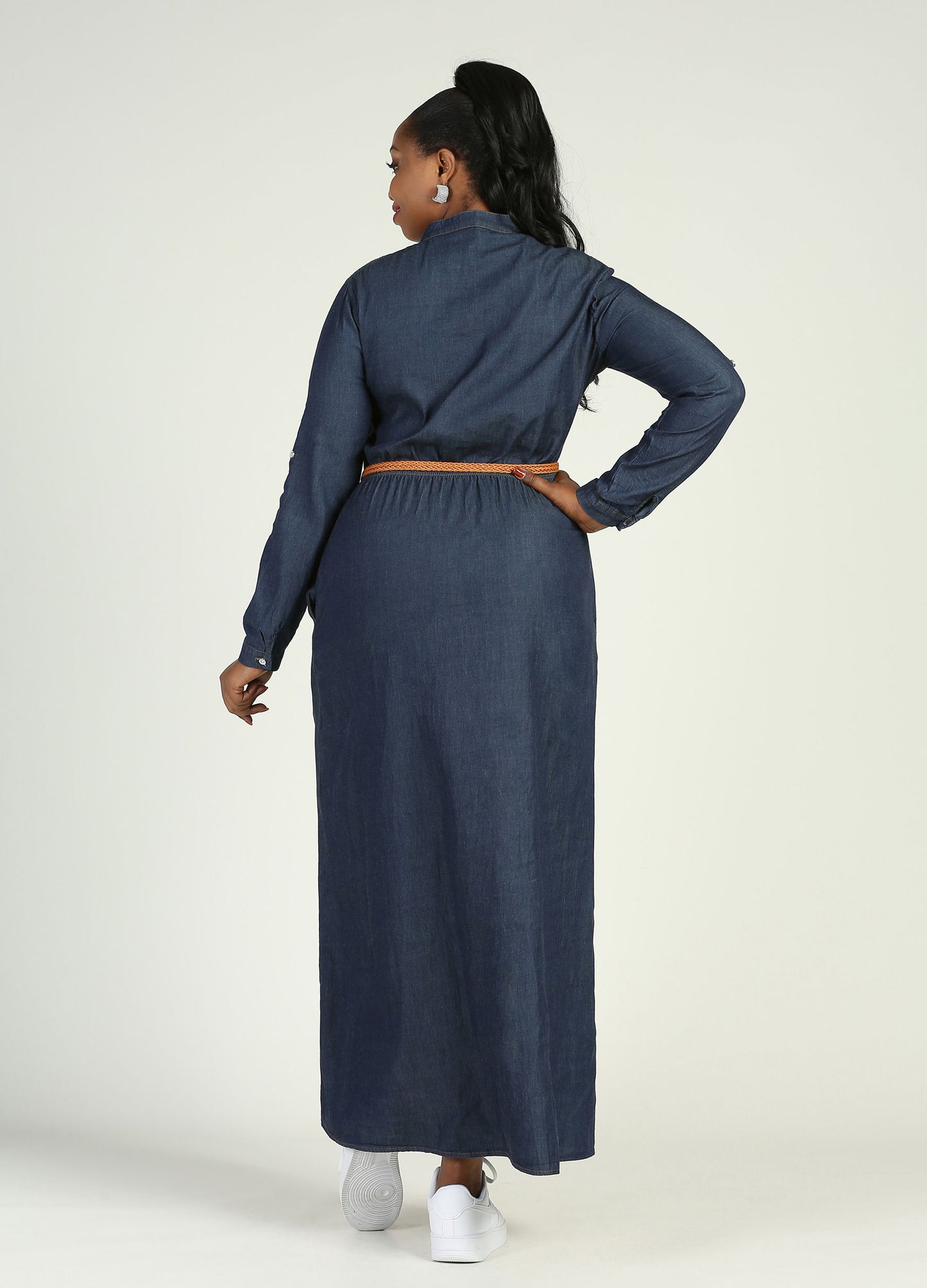 MECALA Women's Long Sleeve Denim Shirt Dress-Dark Blue back view