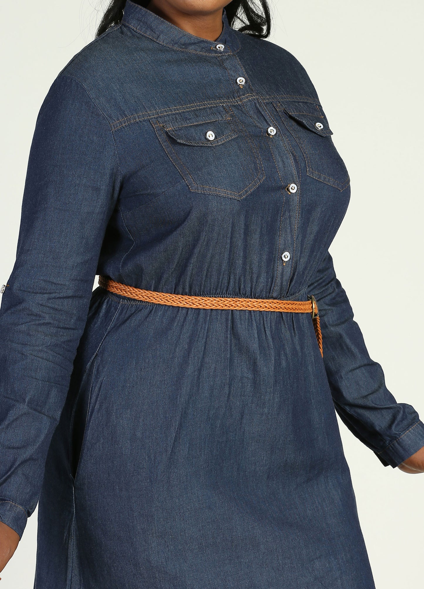 MECALA Women's Long Sleeve Denim Shirt Dress-Dark Blue detail