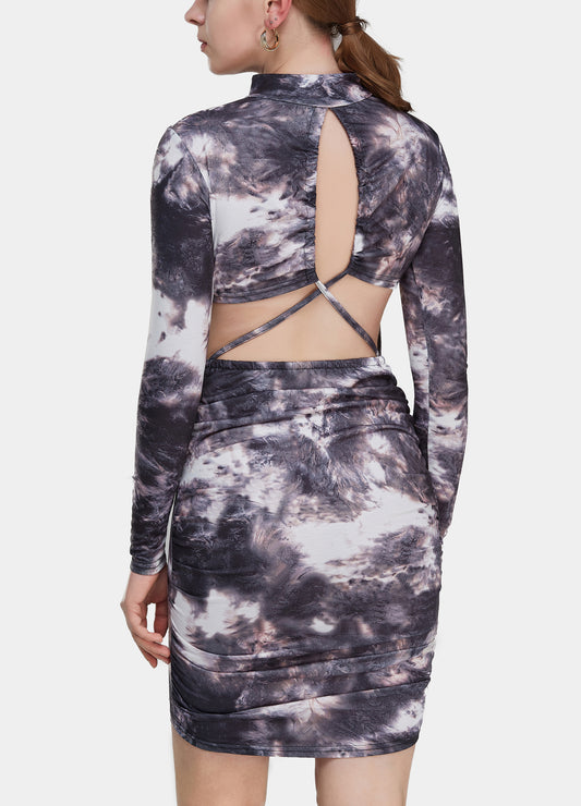 MECALA Women's Long Sleeve Stand Collar Tie Dye Criss Cross Dress