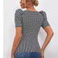 MECALA Women's Puff Sleeve Diamond Neck Houndstooth Print Top-back view