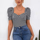 MECALA Women's Puff Sleeve Sweetheart Neck Houndstooth Blouse