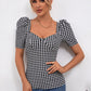 MECALA Women's Puff Sleeve Diamond Neck Houndstooth Print Top