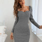 women's houndstooth bodycon dresses with puff sleeve
