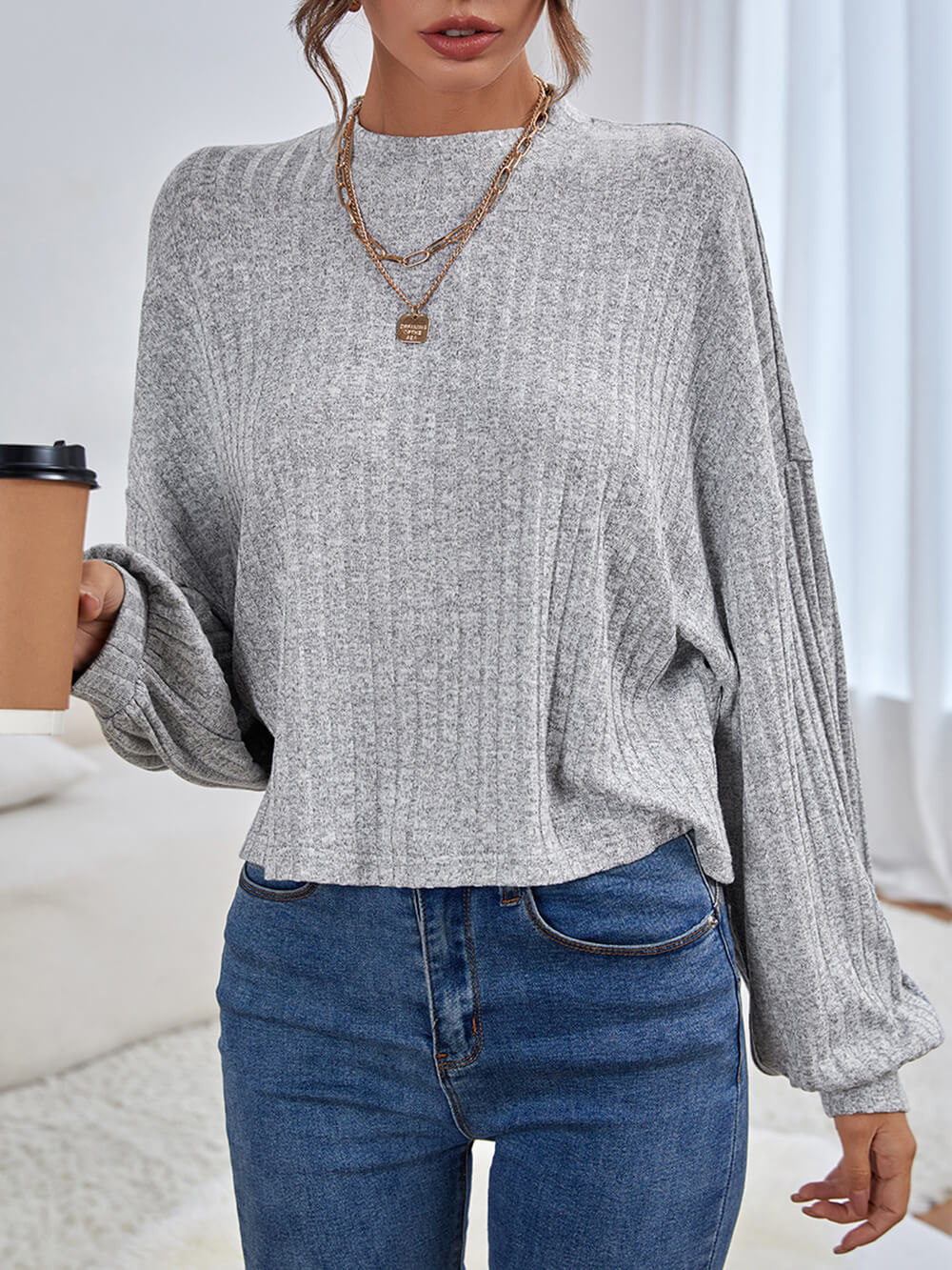 MECALA Women's Round Neck Batwing Sleeve Crop Pullover Top-detail