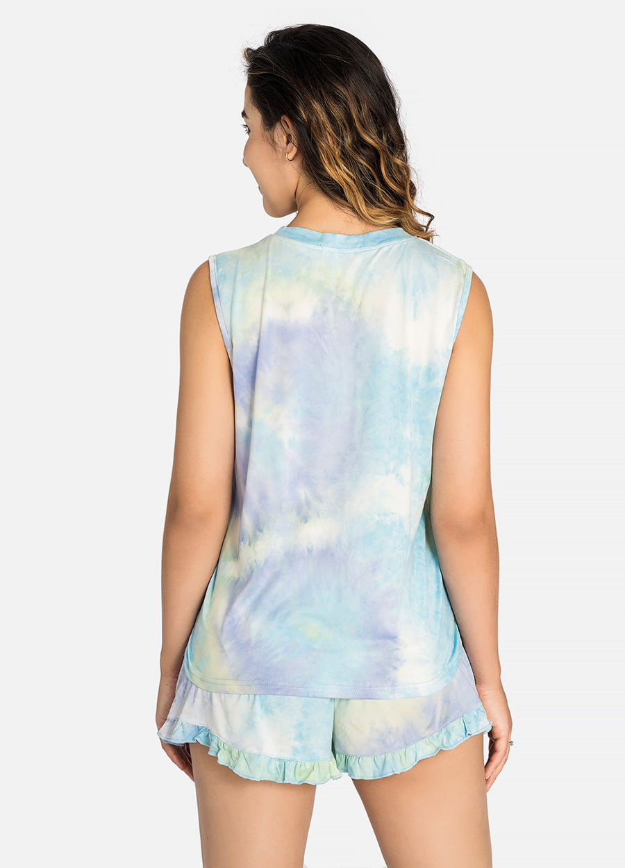 MECALA Women's Sleeveless Tie Dye Tank Tops&Ruffle Hem Shorts Pajama 2 Piece Sets (Clearance)