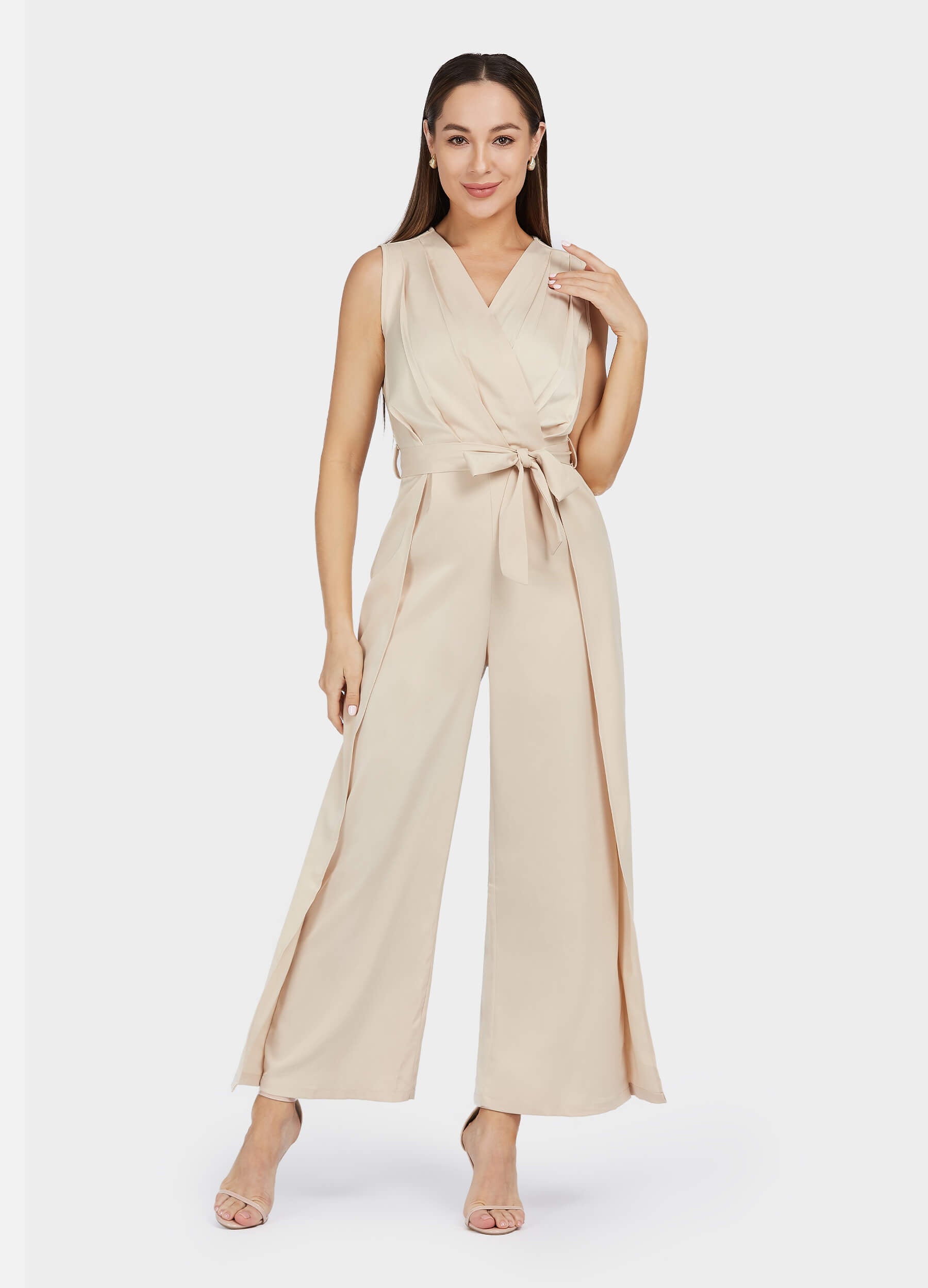 Women's Solid Belted Wide Leg V-Neck Jumpsuit-Khaki main view