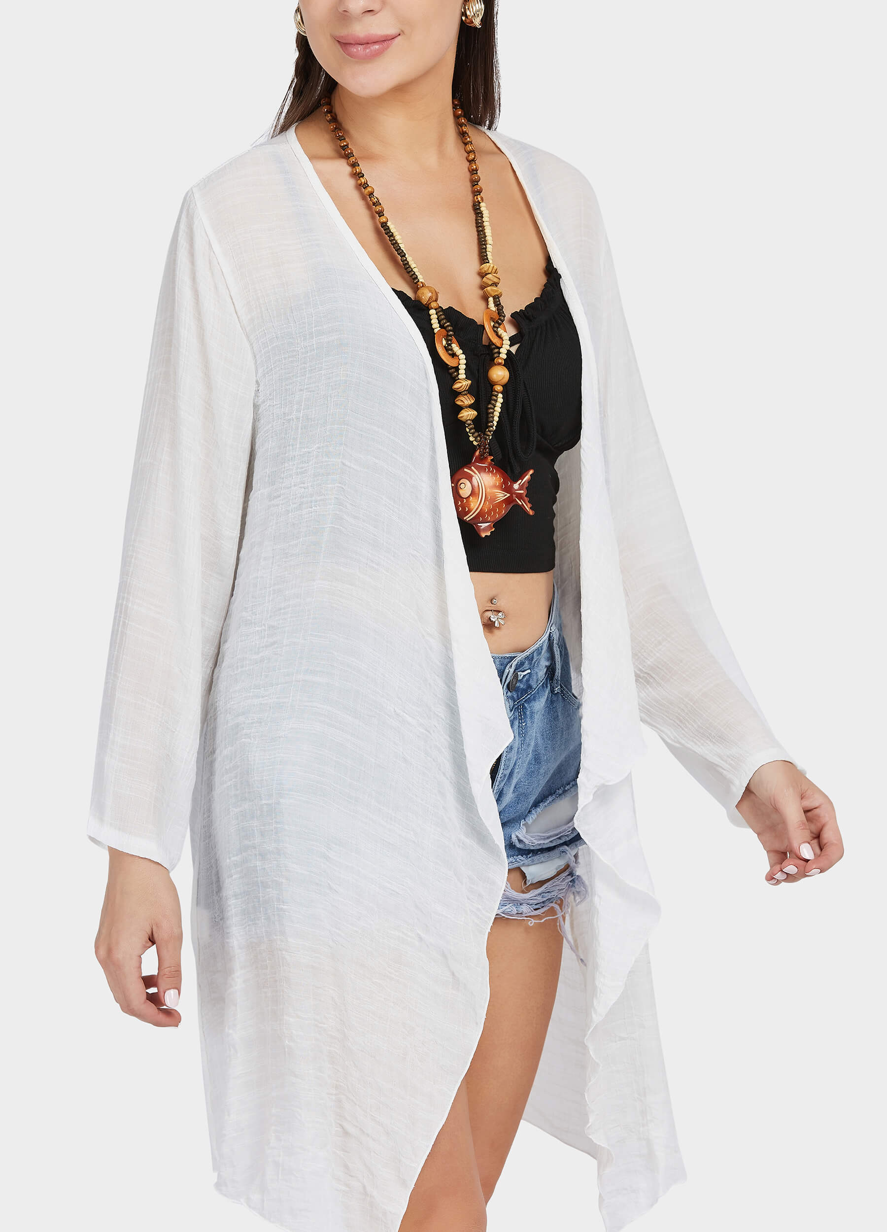 MECALA Women's Solid Linen Beige Cardigan Dress with Wooden Fish Necklace