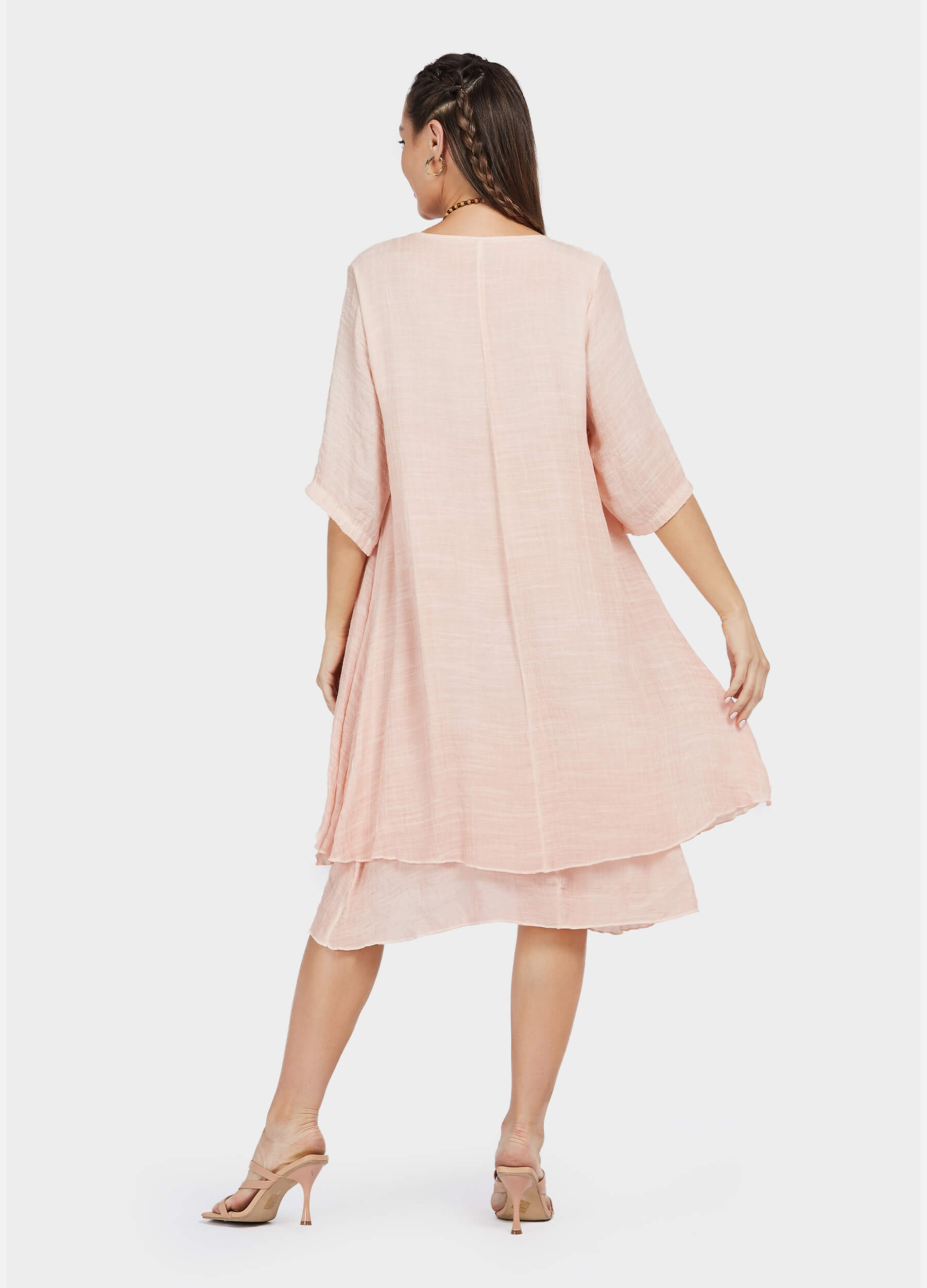 MECALA Women's Pink Cardigan Dress with Wooden Feather Necklace