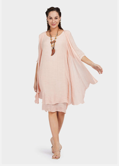 MECALA Women's Pink Cardigan Dress with Wooden Feather Necklace