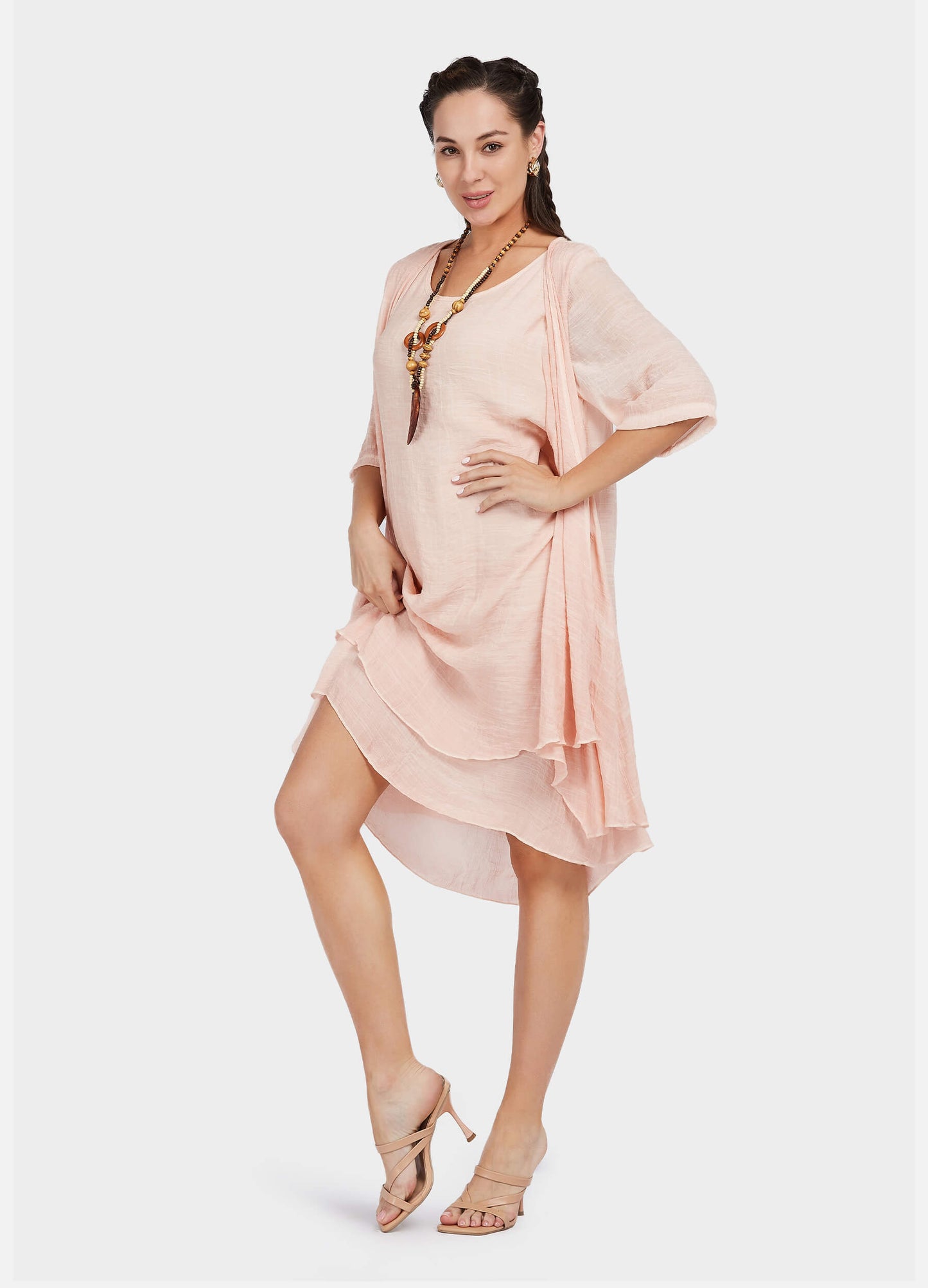 MECALA Women's Pink Cardigan Dress with Wooden Feather Necklace